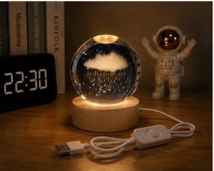 Yağmur Bulutu Kristal Küre LED Gece Lambası Ahşap Standlı USB Dekoratif Masa Lambası