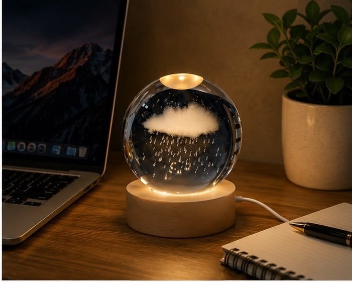 Yağmur Bulutu Kristal Küre LED Gece Lambası Ahşap Standlı USB Dekoratif Masa Lambası
