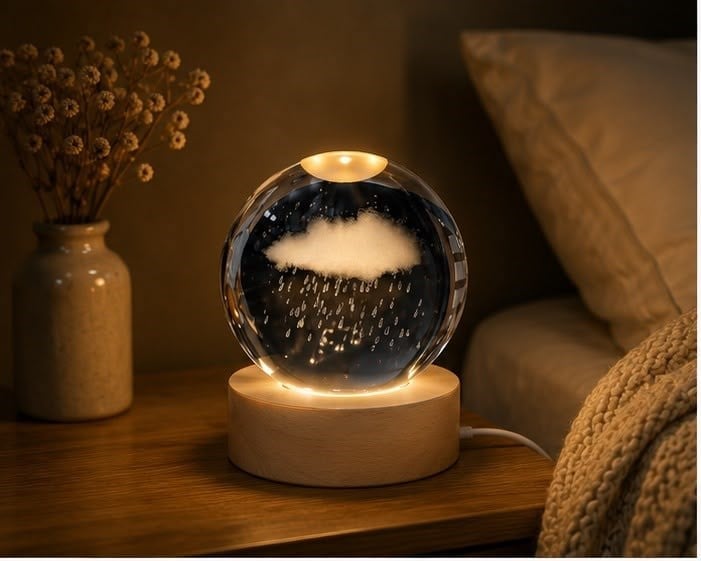 Yağmur Bulutu Kristal Küre LED Gece Lambası Ahşap Standlı USB Dekoratif Masa Lambası