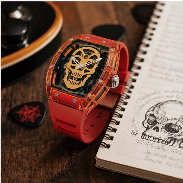 YD501 Kırmızı Şeffaf Kasa Skeleton Tasarım Erkek Kol Saati