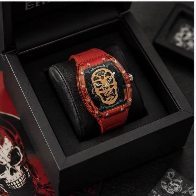 YD501 Kırmızı Şeffaf Kasa Skeleton Tasarım Erkek Kol Saati