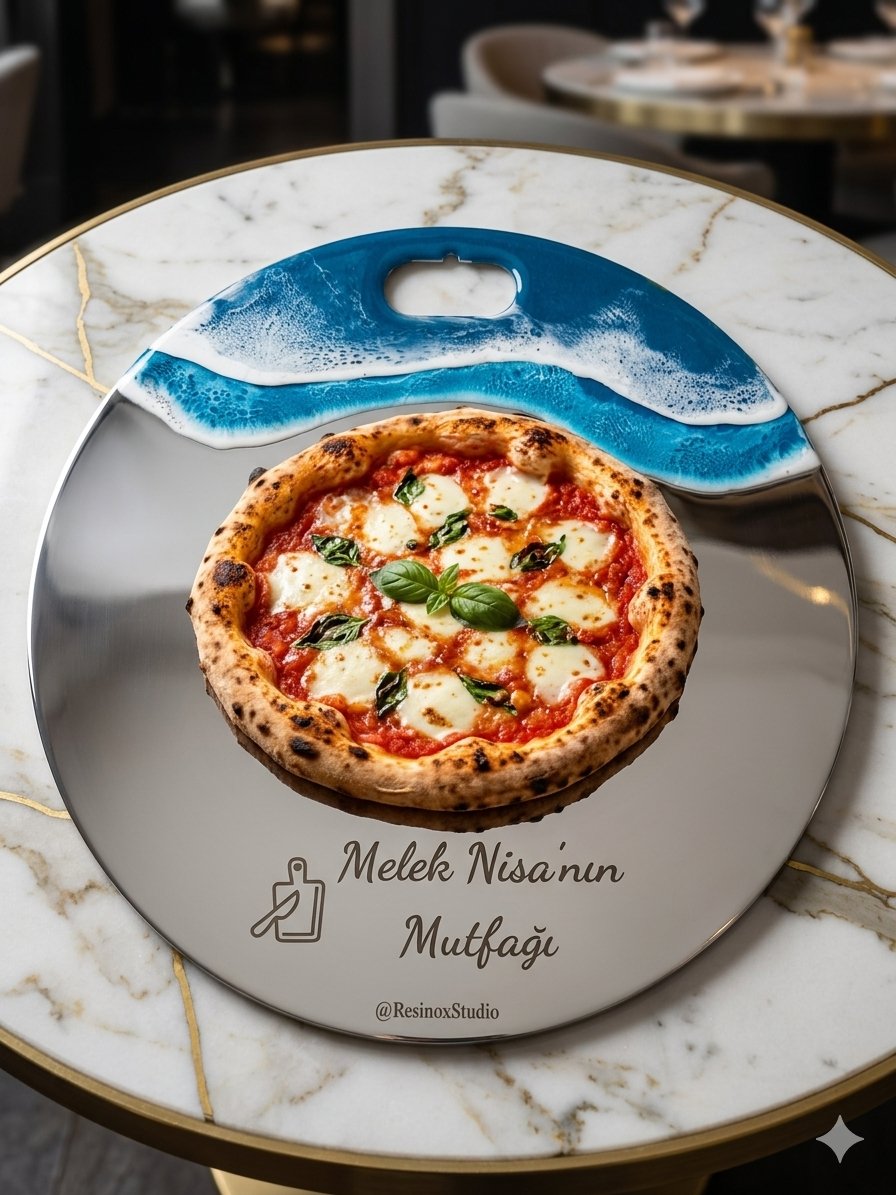 Dalga Temalı - Kişiye Özel Paslanmaz Çelik Pizza Sunum ve Kesim Tahtası – 32 cm