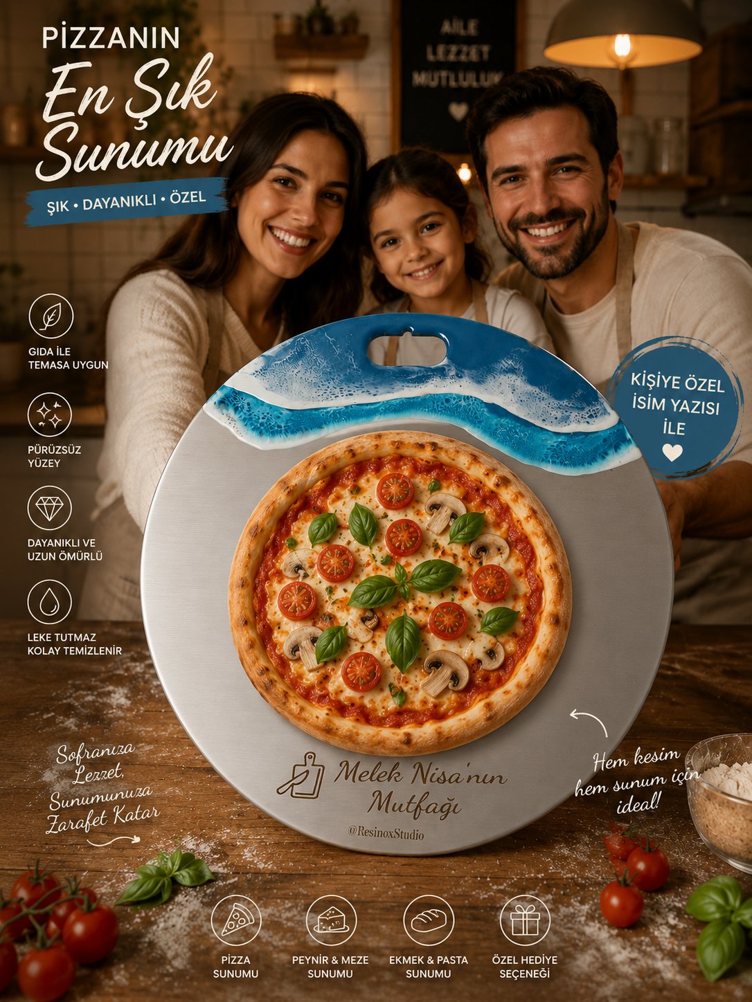Dalga Temalı - Kişiye Özel Paslanmaz Çelik Pizza Sunum ve Kesim Tahtası – 32 cm