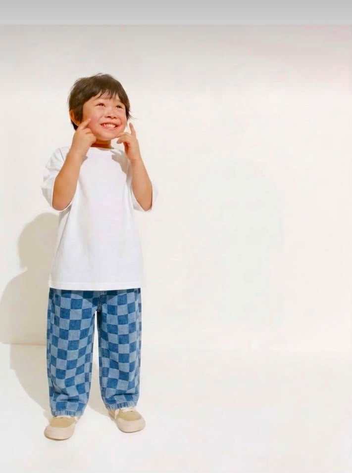 Unisex Mavi Kareli Desenli Bol Paça Çocuk Jean Pantolon 