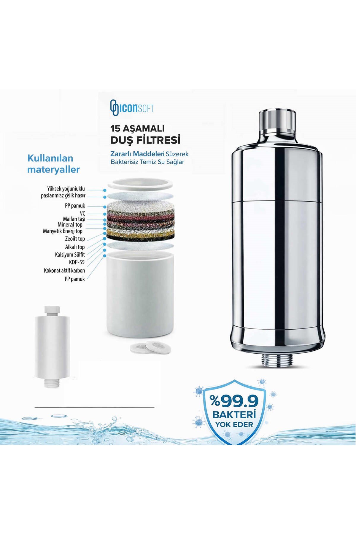 Banyo Duş Filtresi 15 Aşamalı Krom Vitaminlu Su Üretimi Yapar