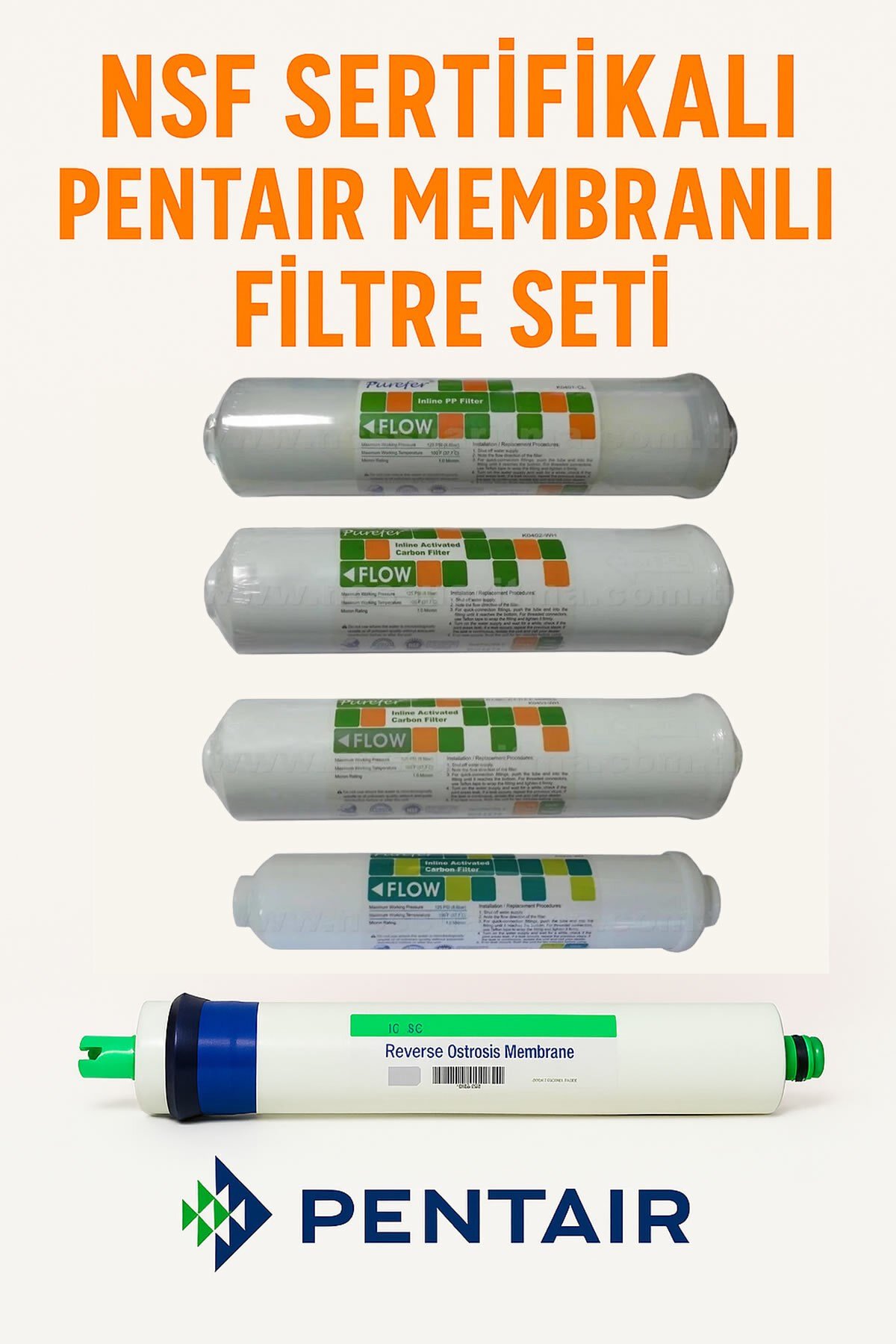 Purefer Su Arıtma Filtresi 5'li Pentair Membranlı USA Filtre Seti
