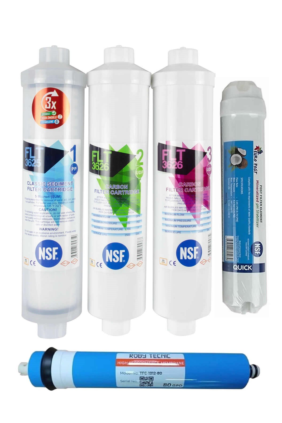 Su Arıtma Cihazı Filtresi NSF Onaylı 5'li Roby Membranlı Set 80 GPD