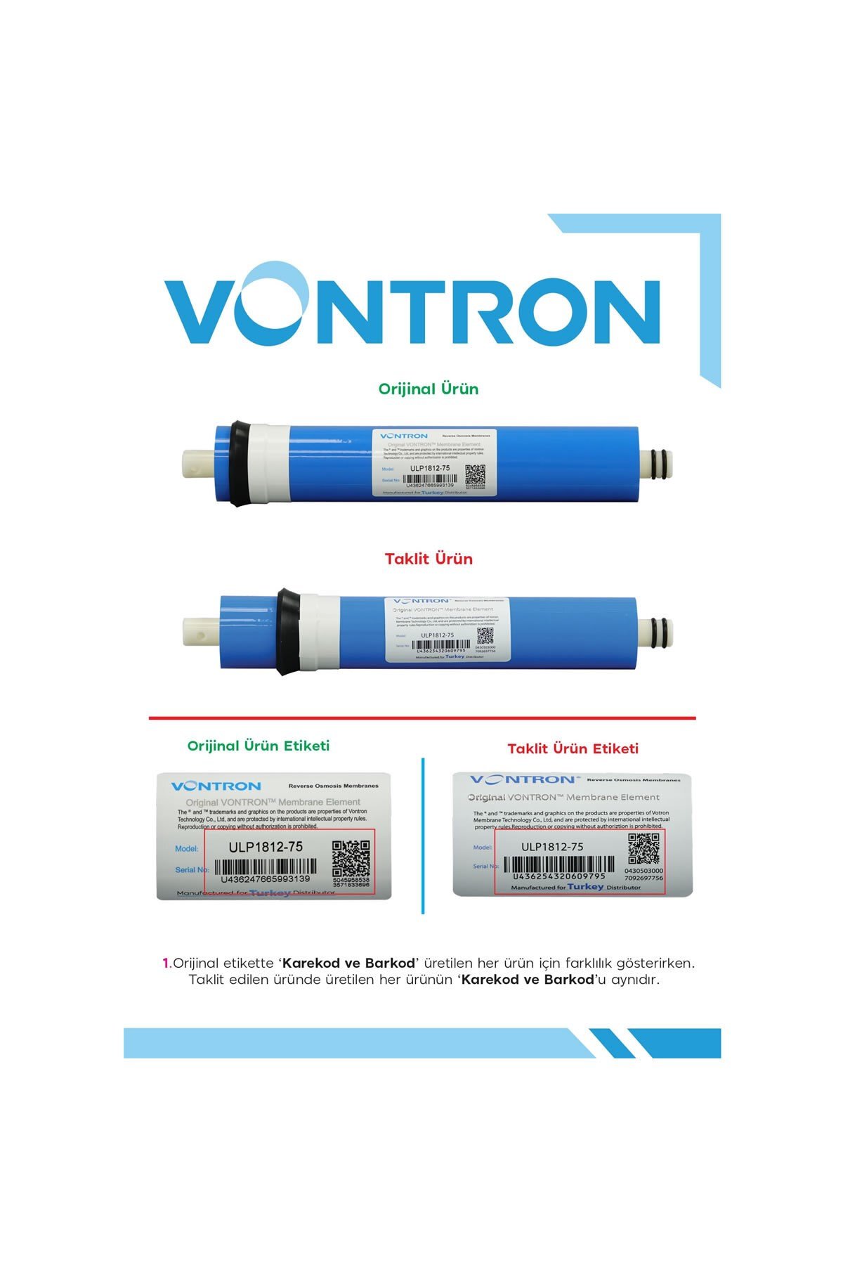Su Arıtma Cihazı NSF Onaylı Vontron Membranlı Filtre Seti 4-5-6 Aşama 5in1 Filtreli