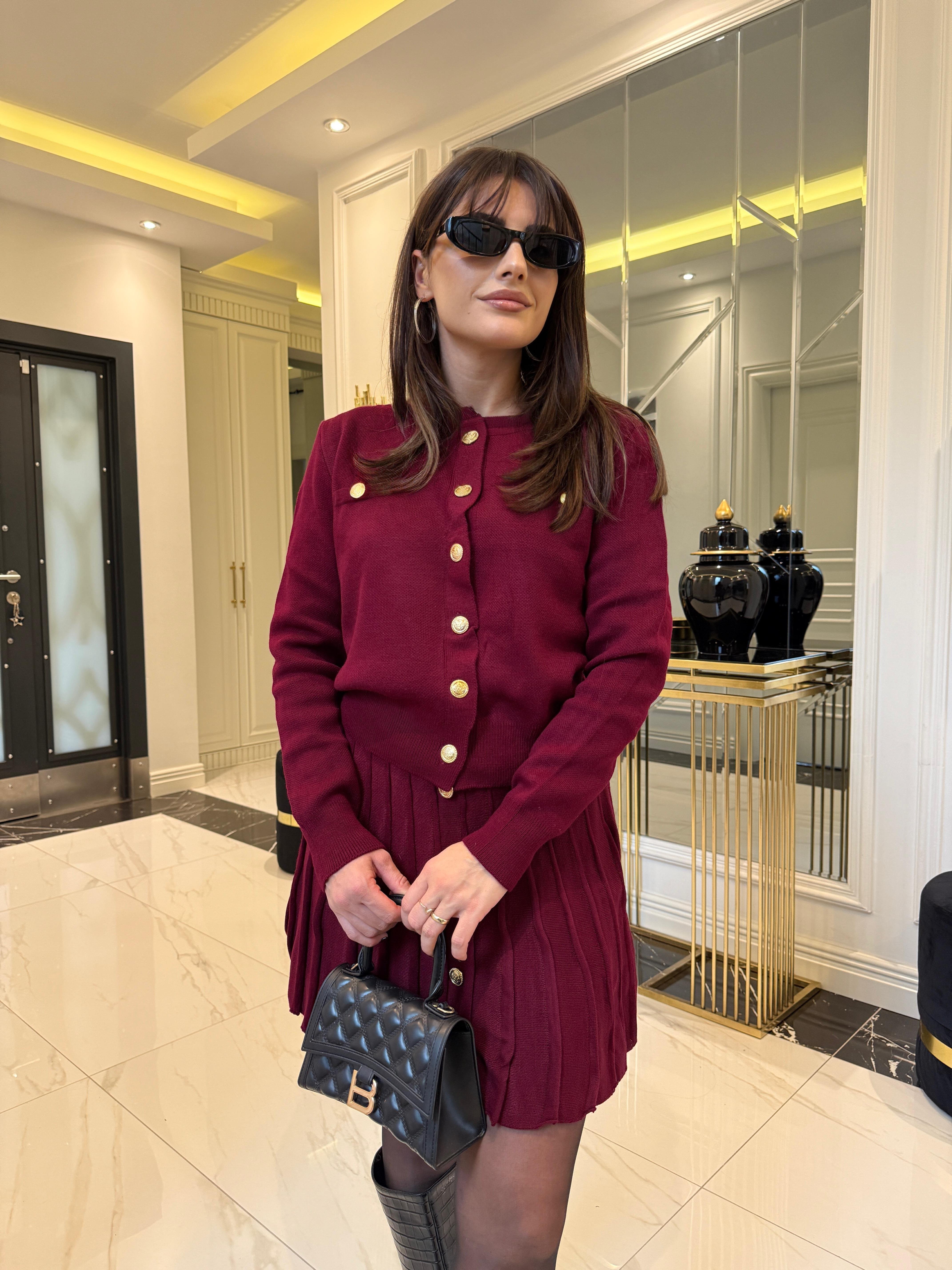 Bordo Gold Düğmeli Hırka Etek Takım 