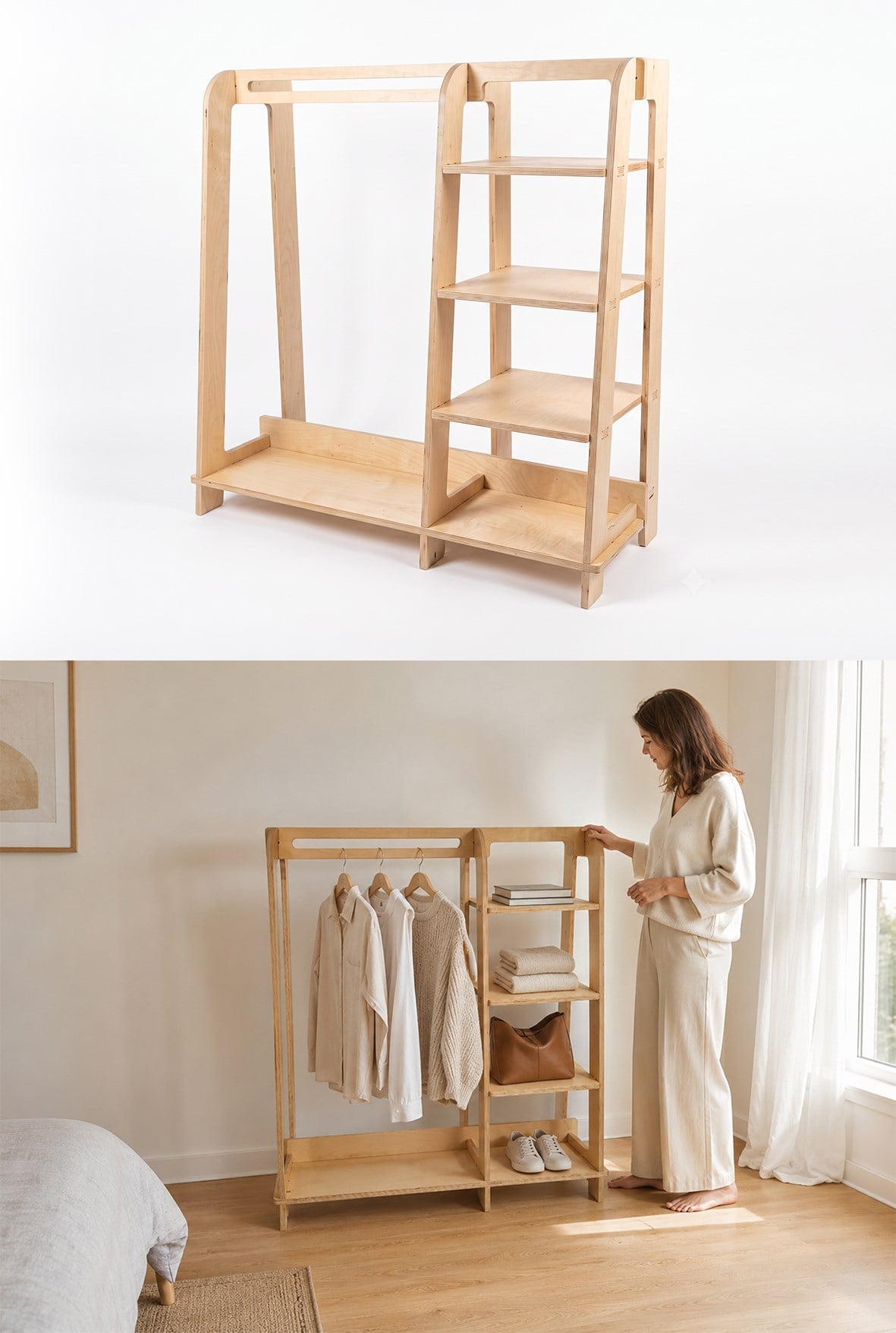 Modixa Studio Slot Askılık ve Raf Ünitesi - Huş Kontrplak - 120x50x120 cm