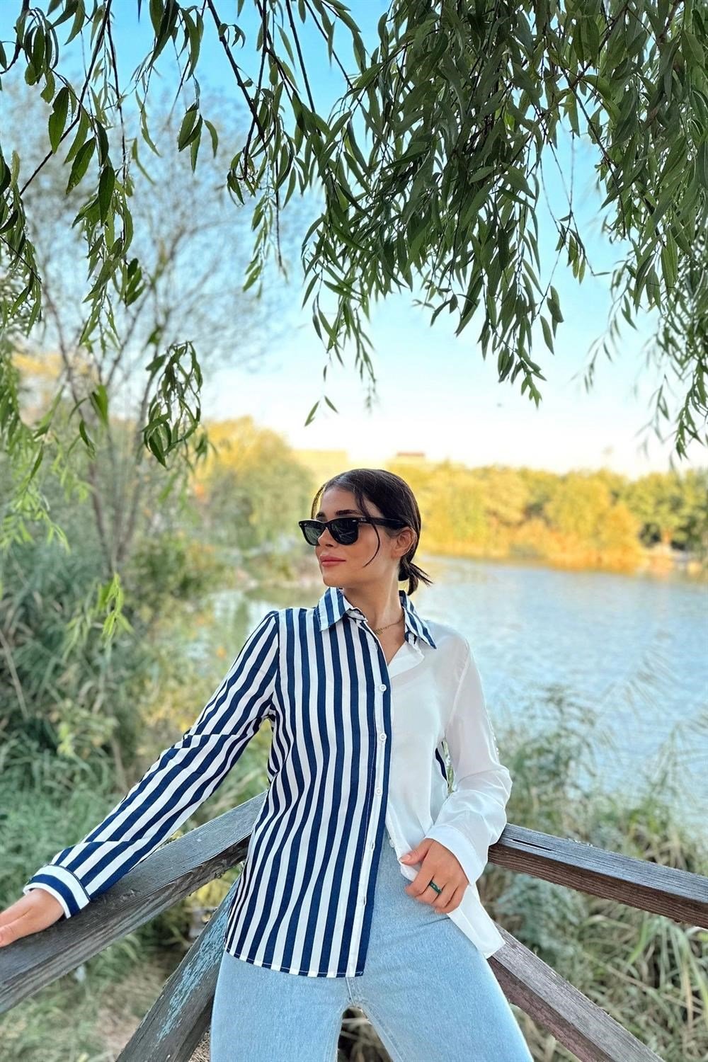 Kadın Lacivert İki Renkli Çizgili, Uzun Kol,Regular Kesim Gömlek