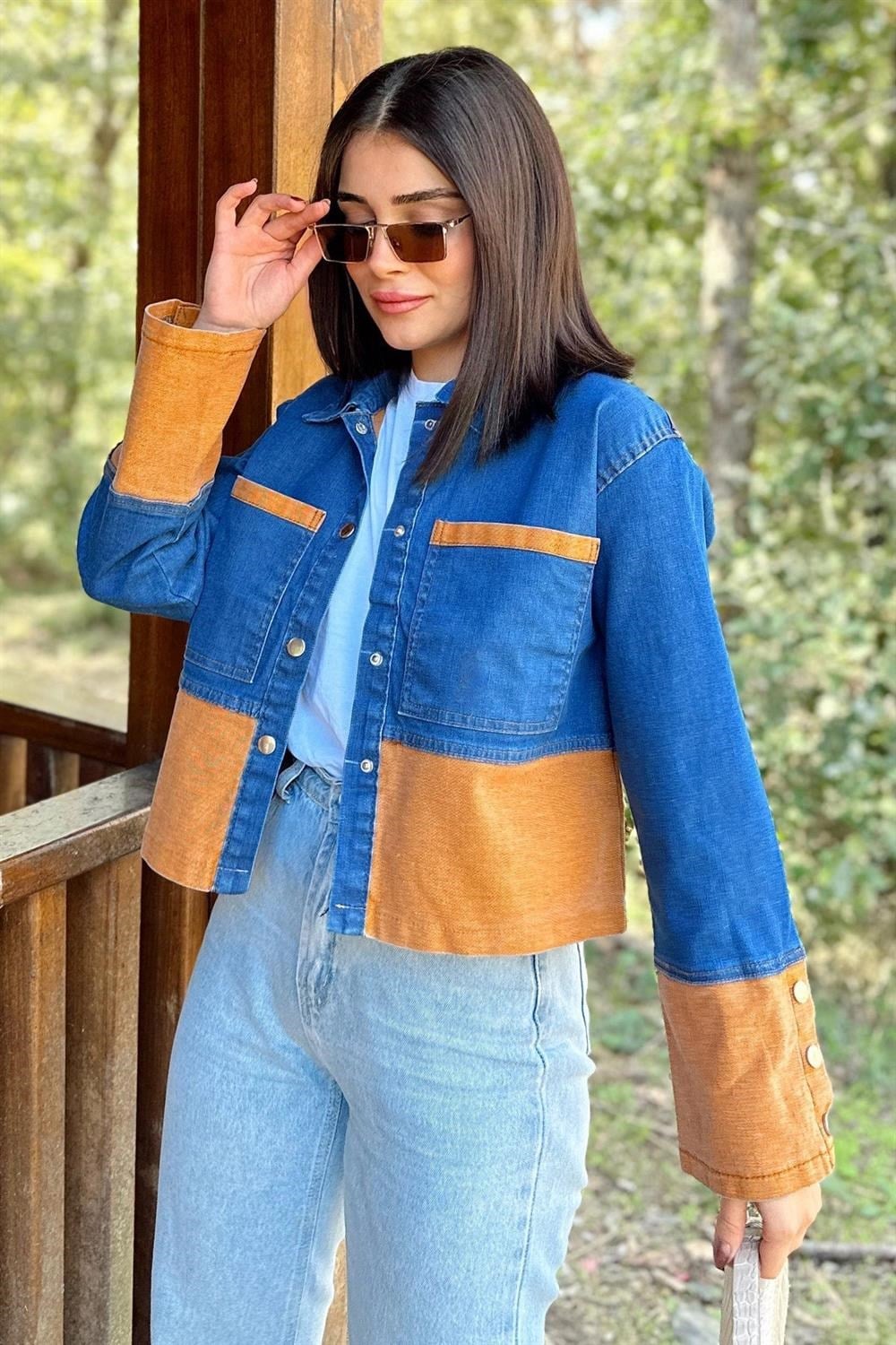 Kadın Mavi & Turuncu Denim Kontrast Çift Renk Detay, Ön Düğmeli Manşetli, Kot Ceket