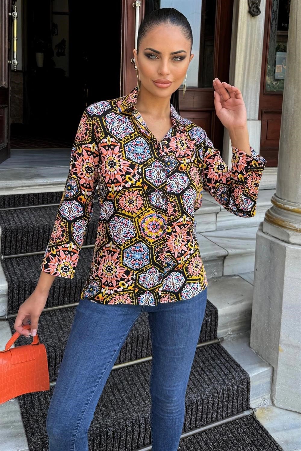 Kadın Multi Color Klasik Yaka, Uzun Kol, Digital Baskılı Kumaş, Regular Kalıp/Kesim, Gömlek