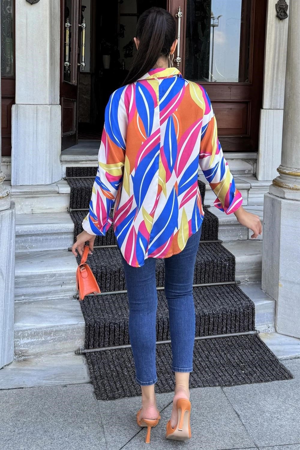 Kadın Multi Color Salaş Kesim Desenli Saten Gömlek