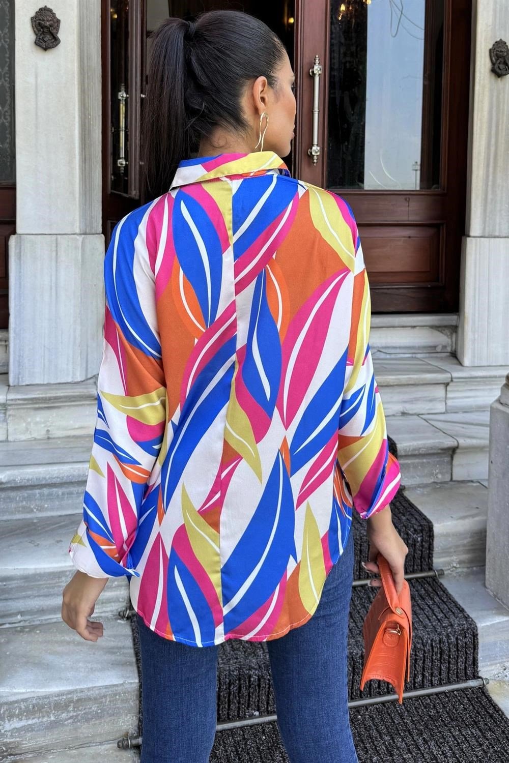 Kadın Multi Color Salaş Kesim Desenli Saten Gömlek