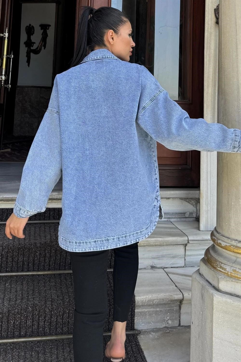 Mavi Oversize Kot Cepli Düğmeli Ceket Gömlek
