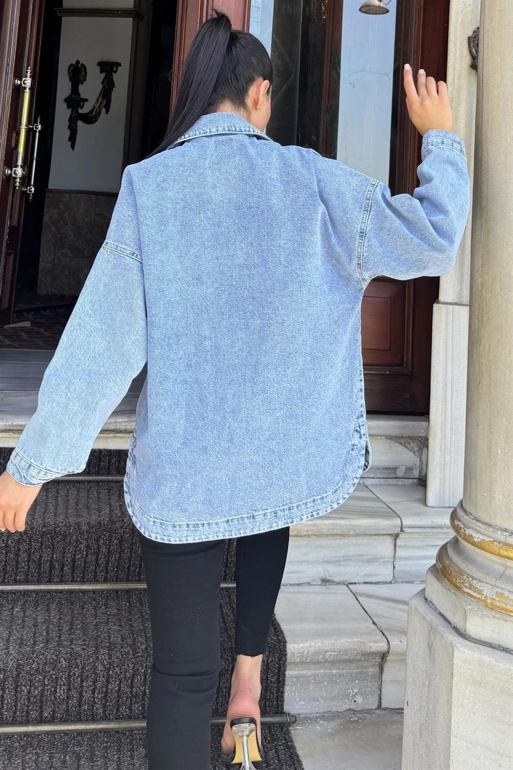 Mavi Oversize Kot Cepli Düğmeli Ceket Gömlek