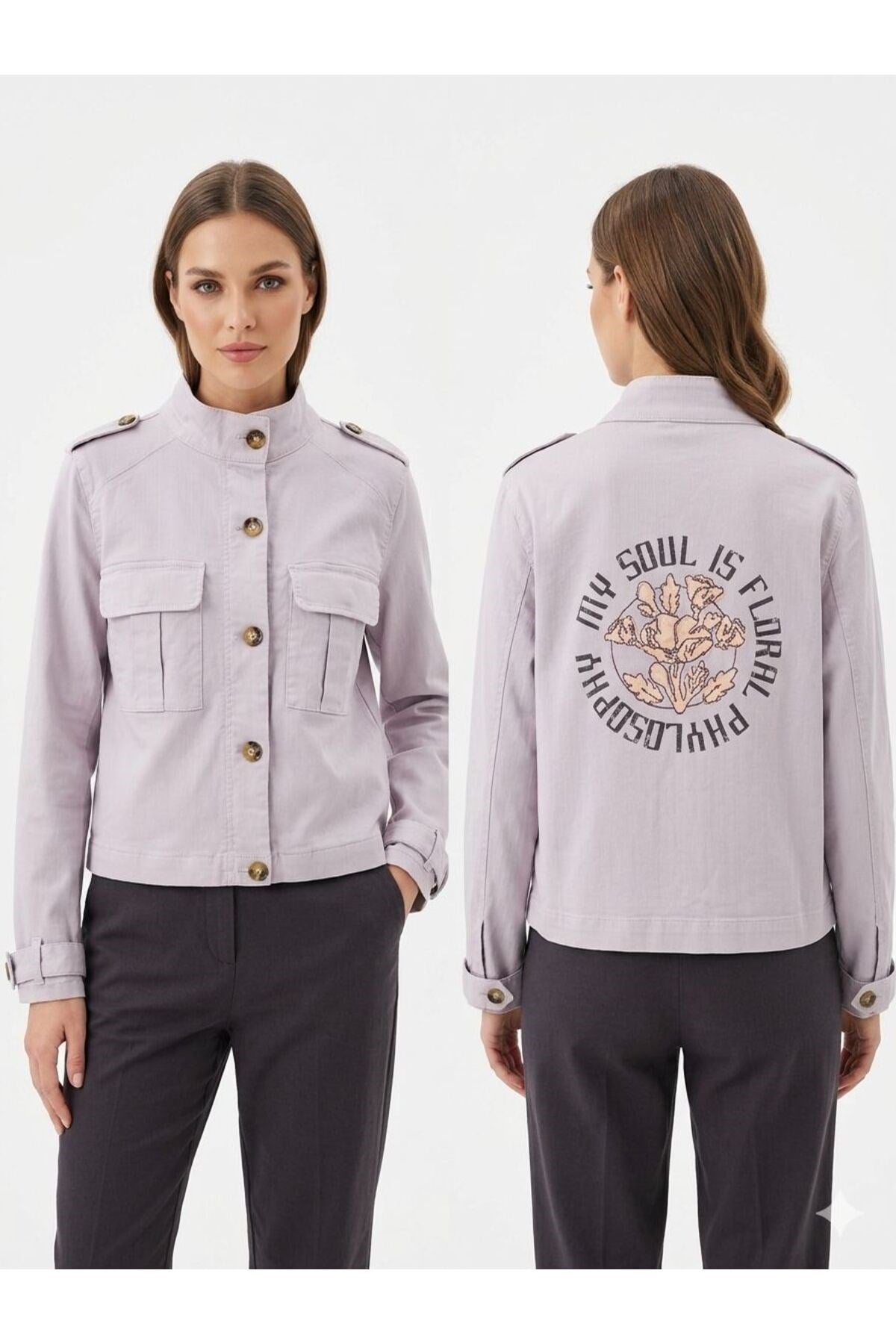 Kadın Lila Baskılı Denim Ceket