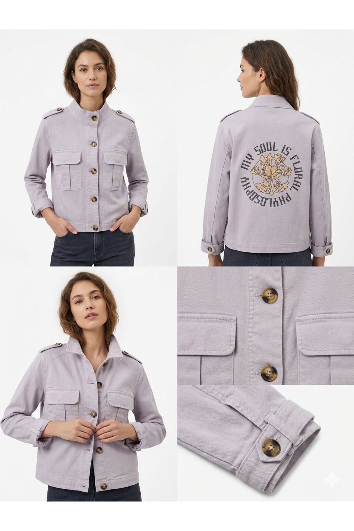 Kadın Lila Baskılı Denim Ceket