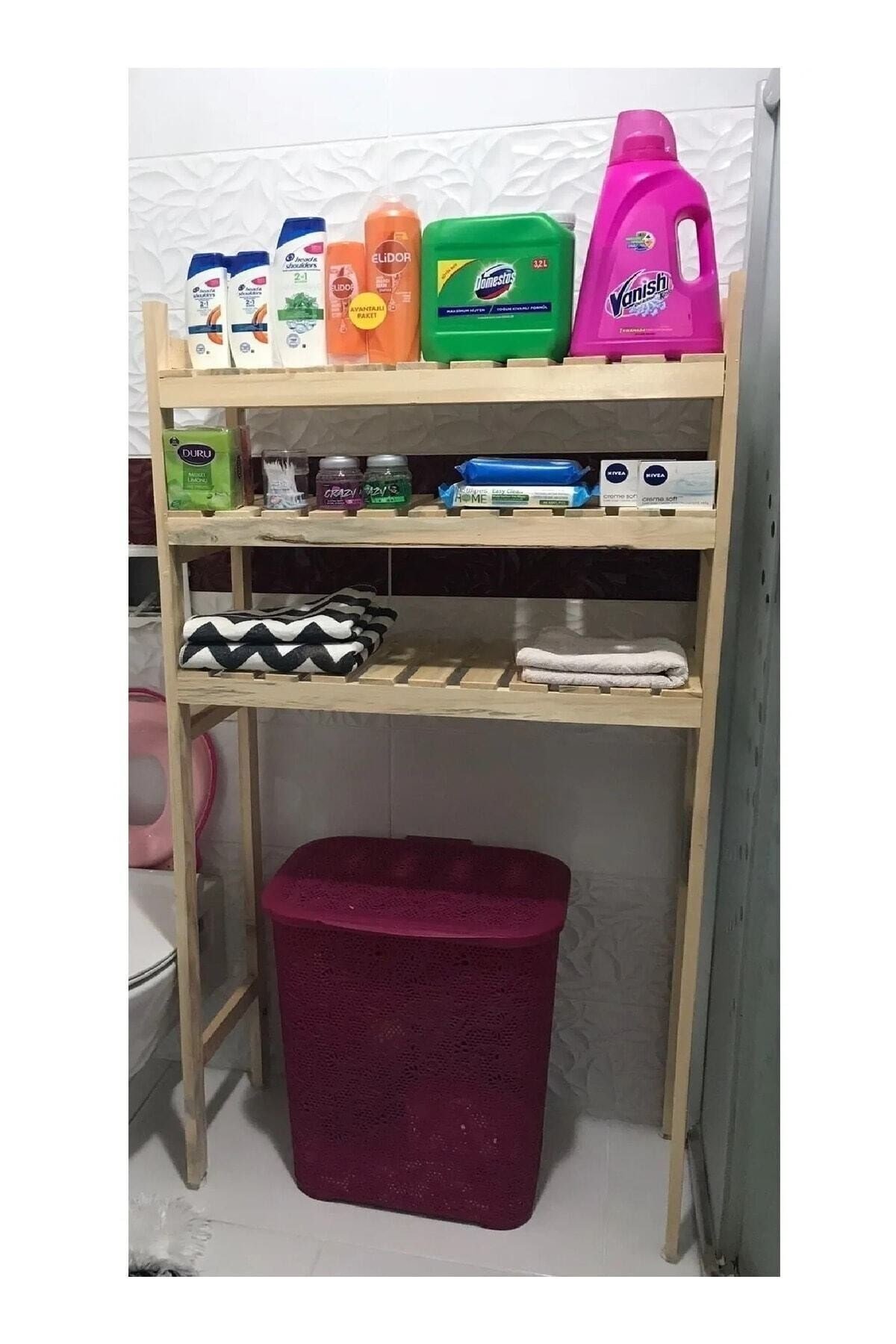 Çamaşır Makinesi Üstü Ahşap Düzenleyici Raf Banyo Rafı Makina Üstü Çok Amaçlı Dolap 3 Katlı