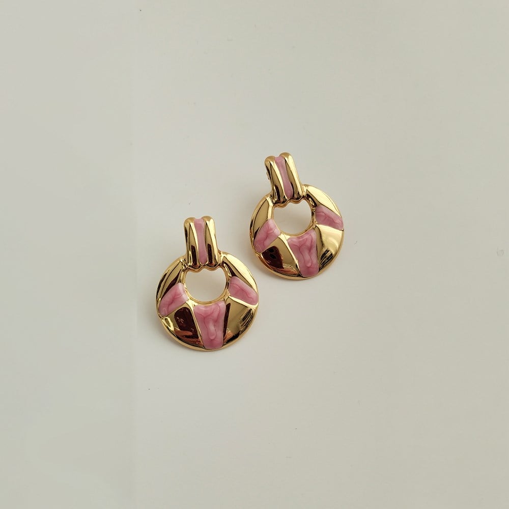 Çelik Gold Renk Pembe Mineli Halka Küpe
