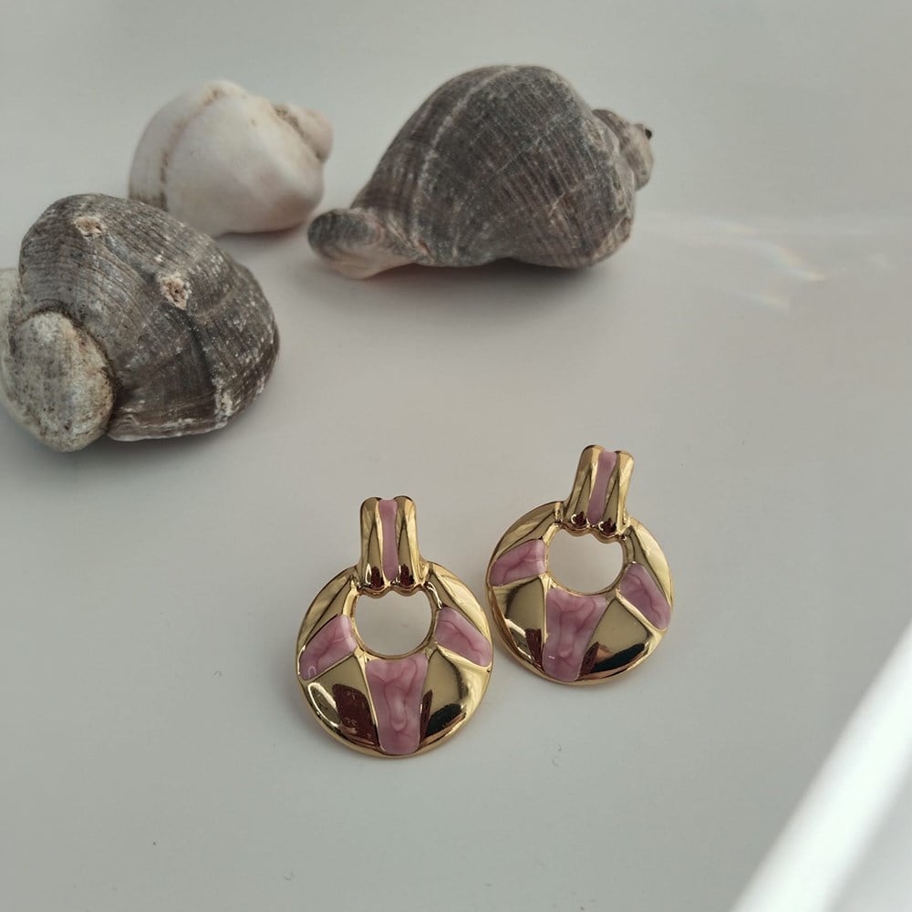 Çelik Gold Renk Pembe Mineli Halka Küpe
