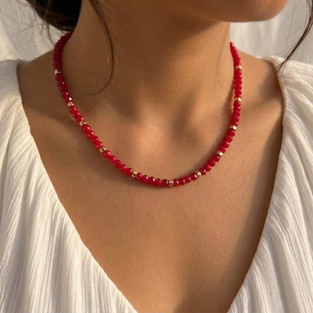 Kırmızı Kristal Boncuk El Yapımı Kolye