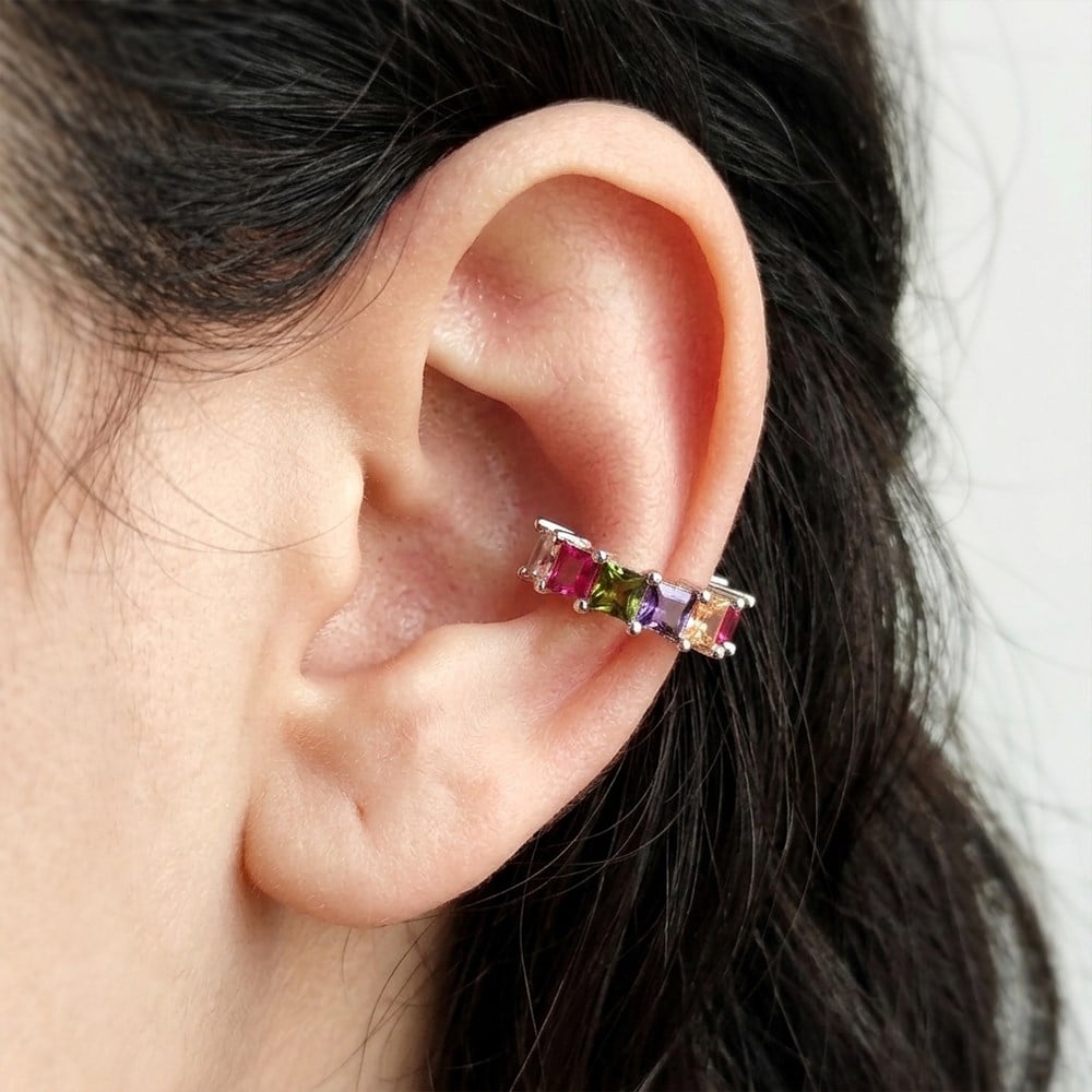 Multicolor Taşlı Baget Gümüş Renk Earcuff