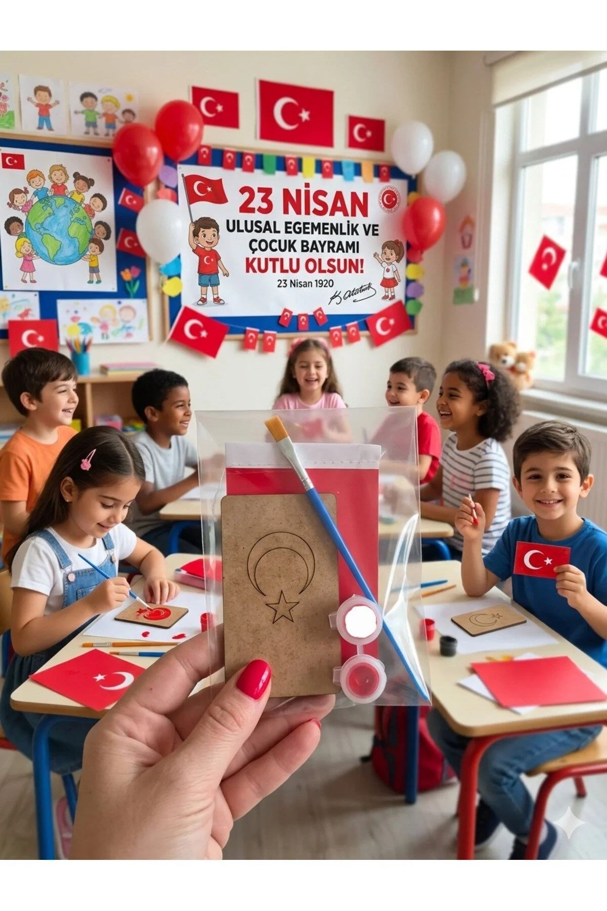 10 Adet - Bayrak Boyama Seti - Arkası Mıknatıslı Ahşap Mdf Bayrak Boyama