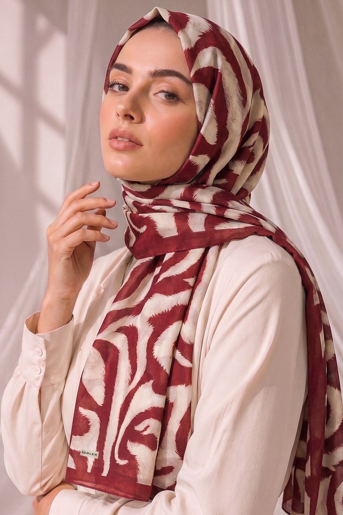 Aura Soyut Akış Desenli Şal - Bordo