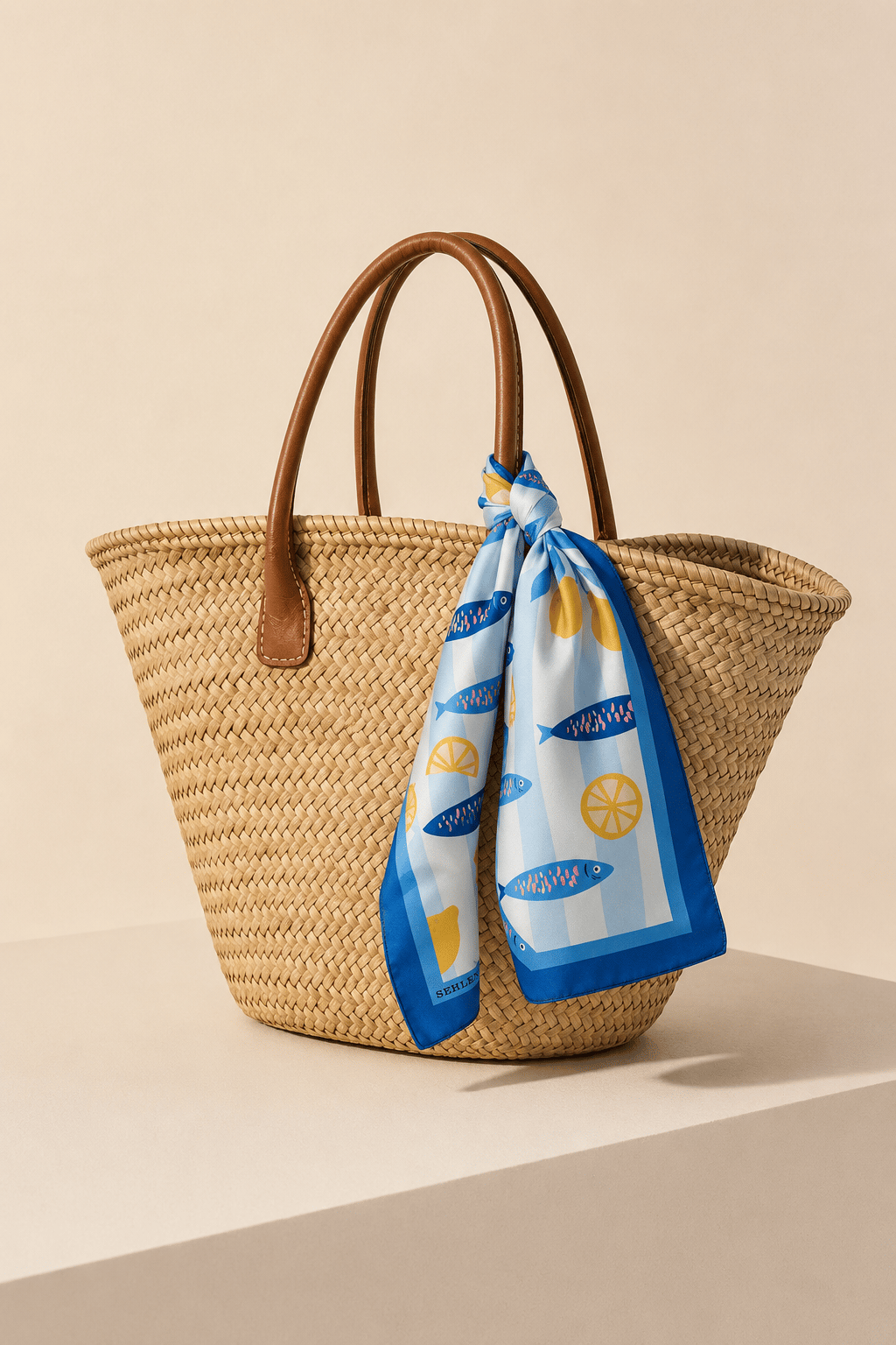 Kadın Balık ve Limon Desenli Saten Fular Bandana 56x56 cm - Koyu Kot