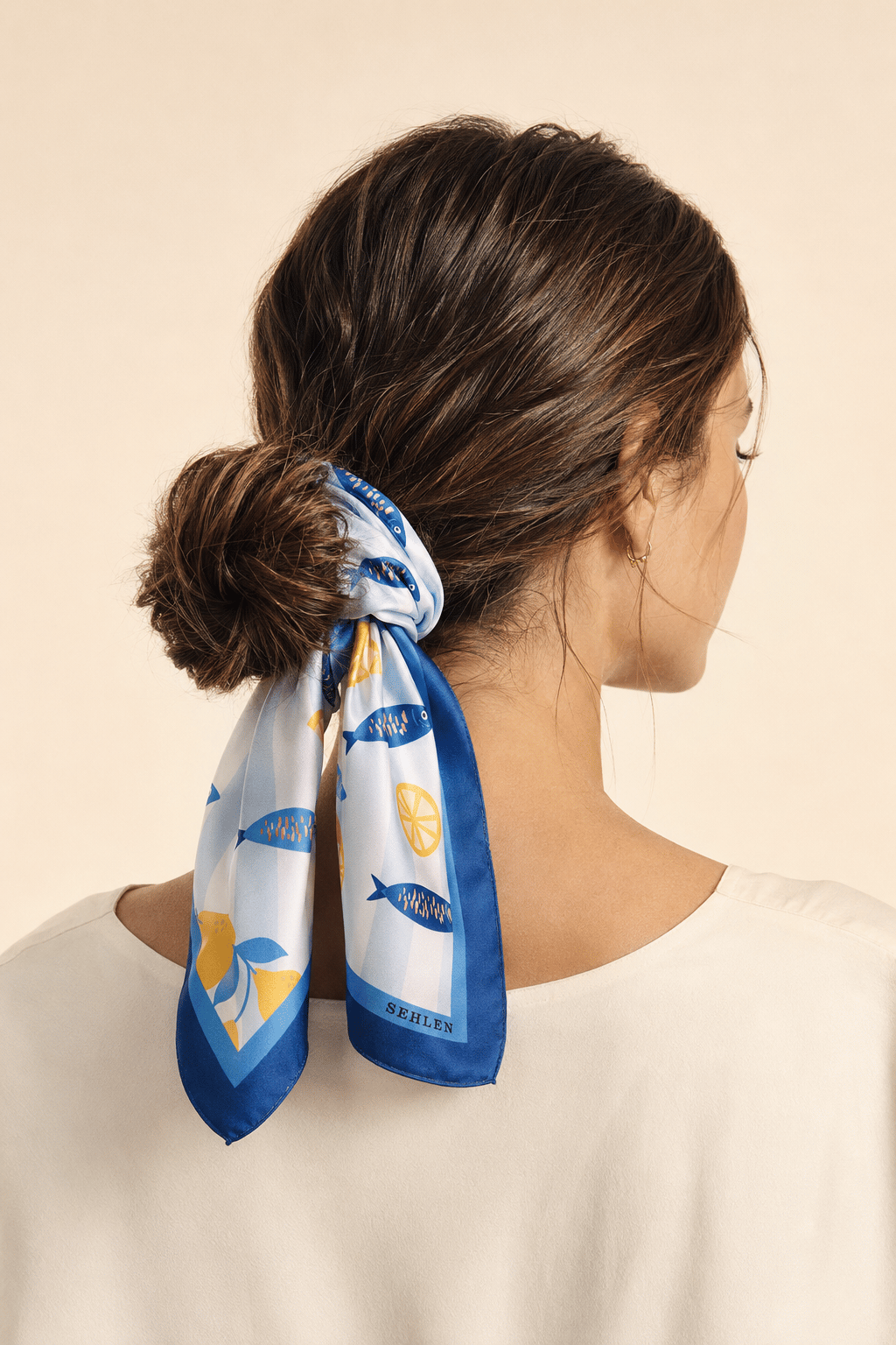 Kadın Balık ve Limon Desenli Saten Fular Bandana 56x56 cm - Koyu Kot