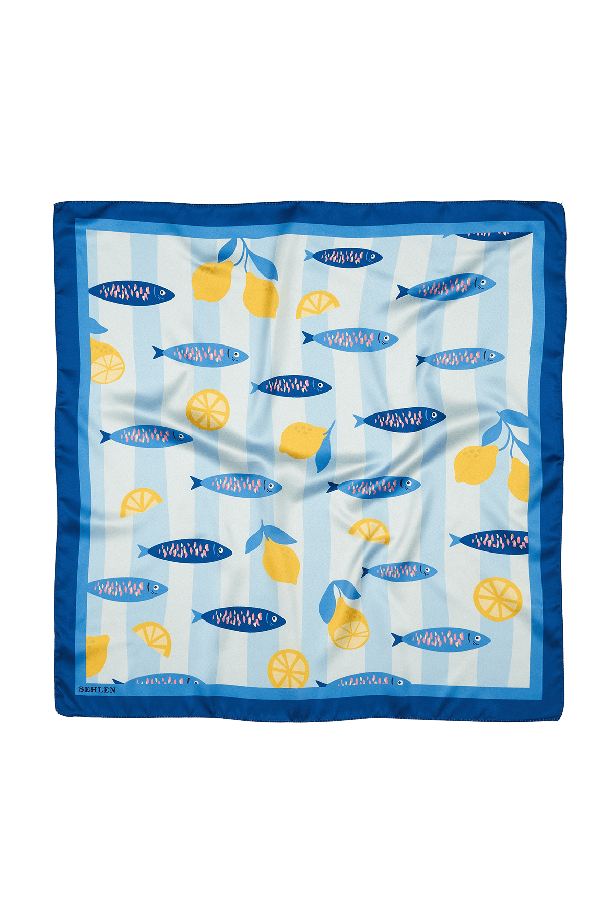 Kadın Balık ve Limon Desenli Saten Fular Bandana 56x56 cm - Koyu Kot