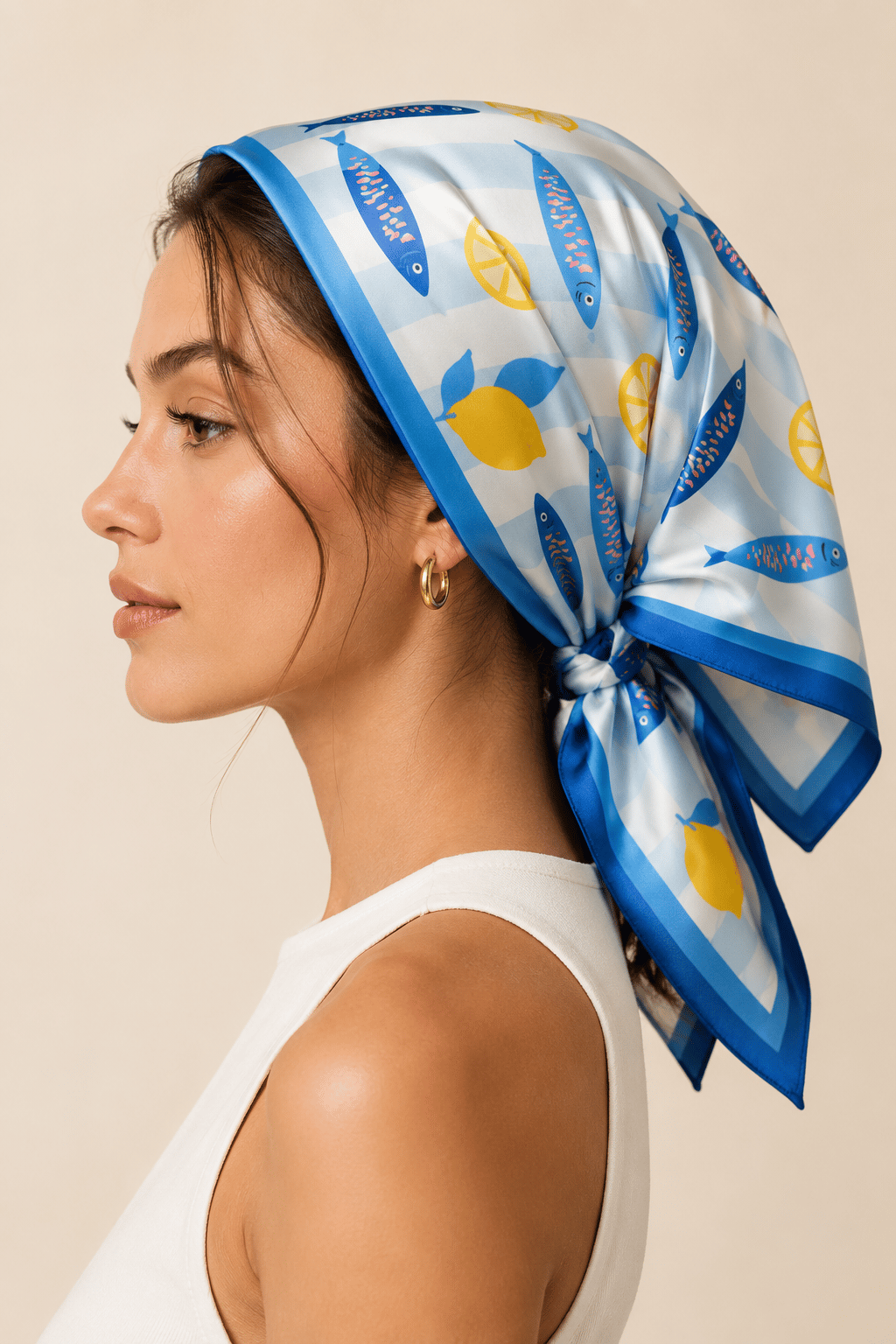 Kadın Balık ve Limon Desenli Saten Fular Bandana 56x56 cm - Koyu Kot