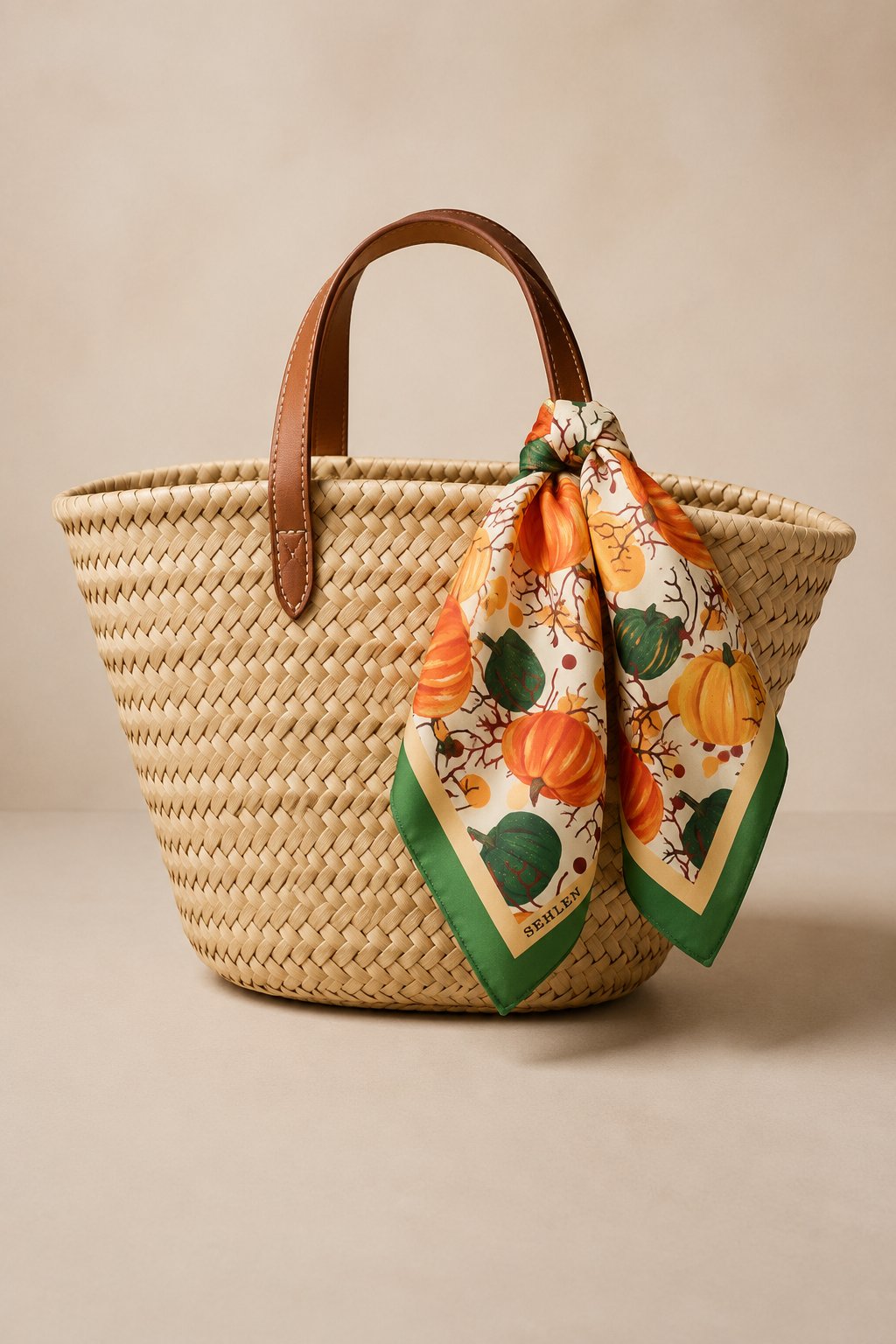 Kadın Balkabağı Desenli Saten Fular Bandana 56x56 cm - Benetton