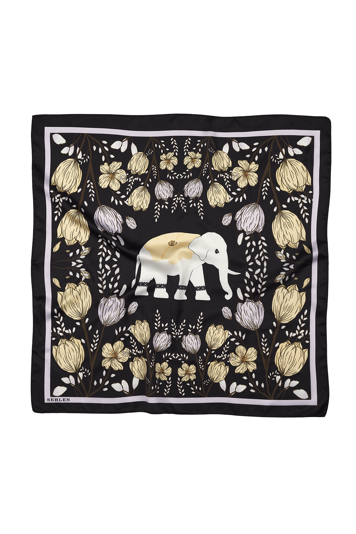 Kadın Botanik Fil Desenli Saten Fular Bandana 56x56 cm - Siyah Lila Sarı