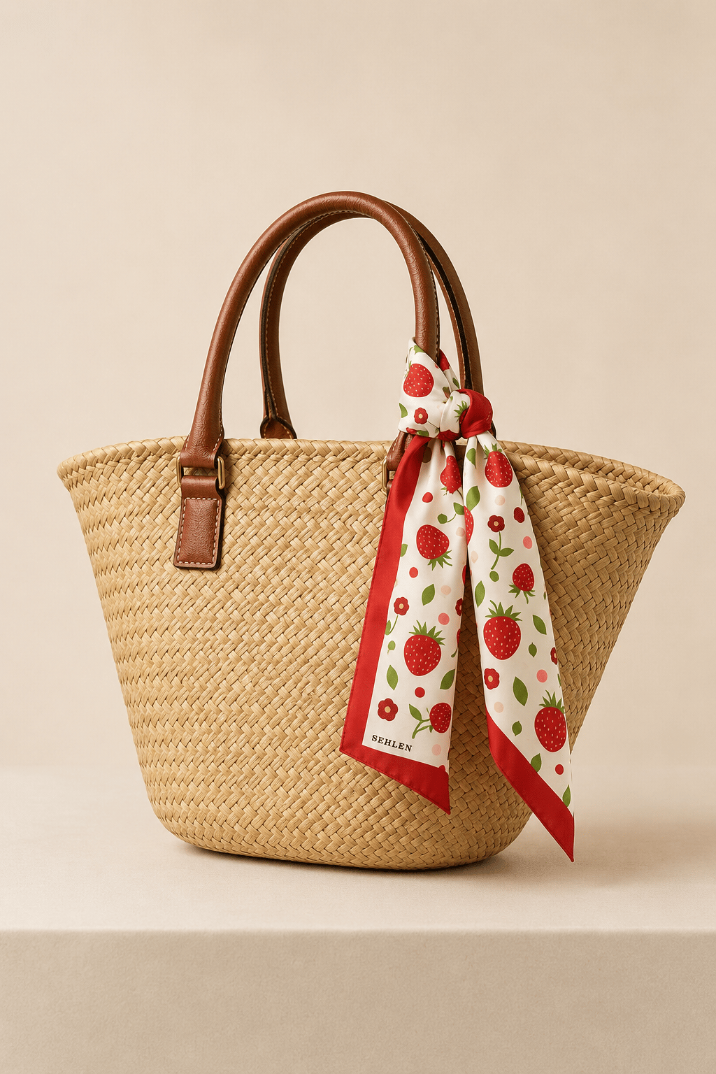 Kadın Çilek Desenli Saten Fular Bandana 56x56 cm - Kırmızı