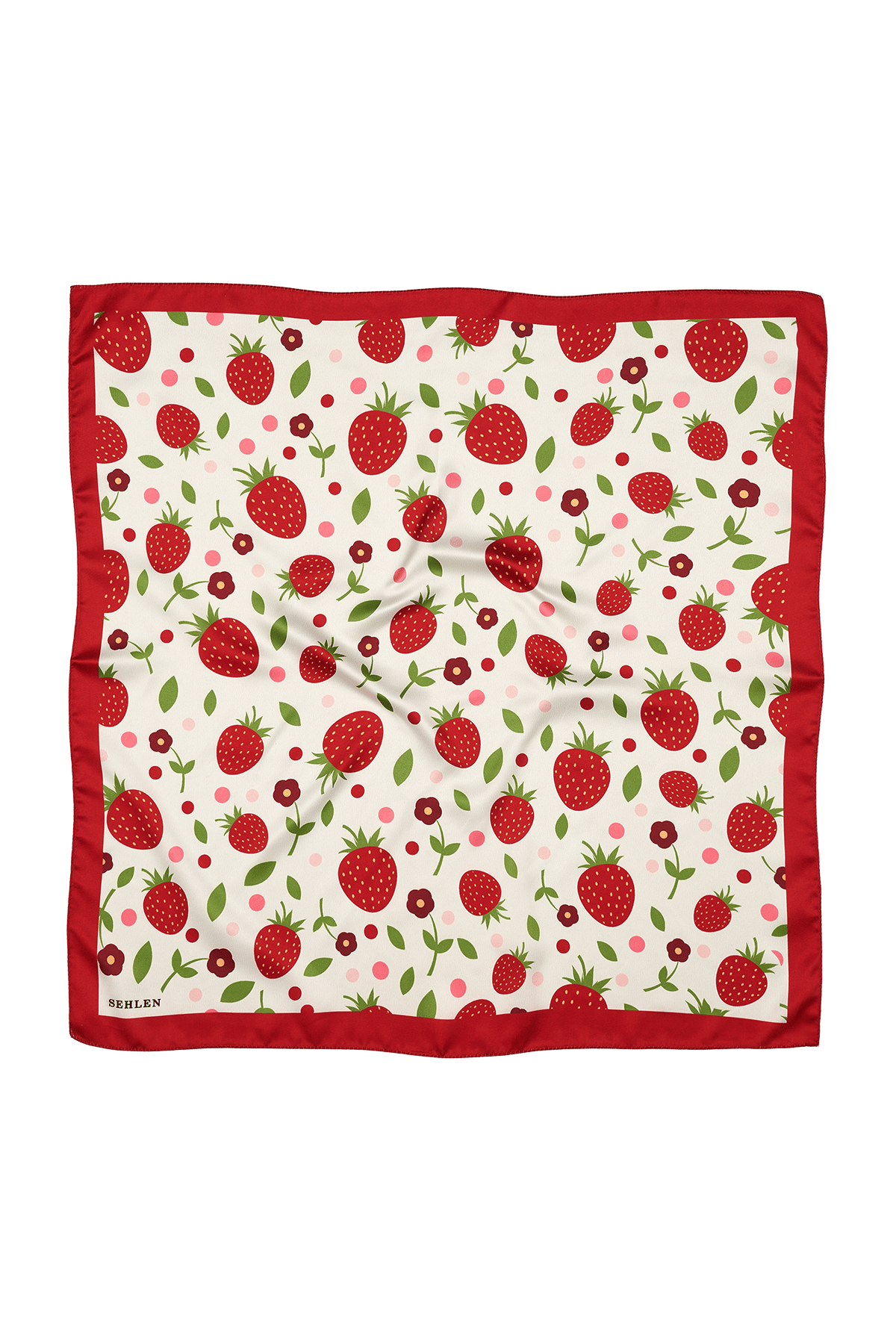 Kadın Çilek Desenli Saten Fular Bandana 56x56 cm - Kırmızı