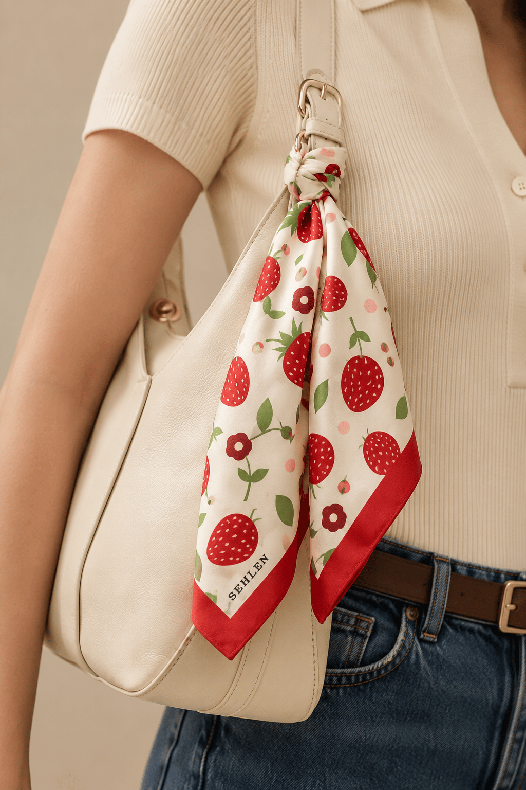 Kadın Çilek Desenli Saten Fular Bandana 56x56 cm - Kırmızı