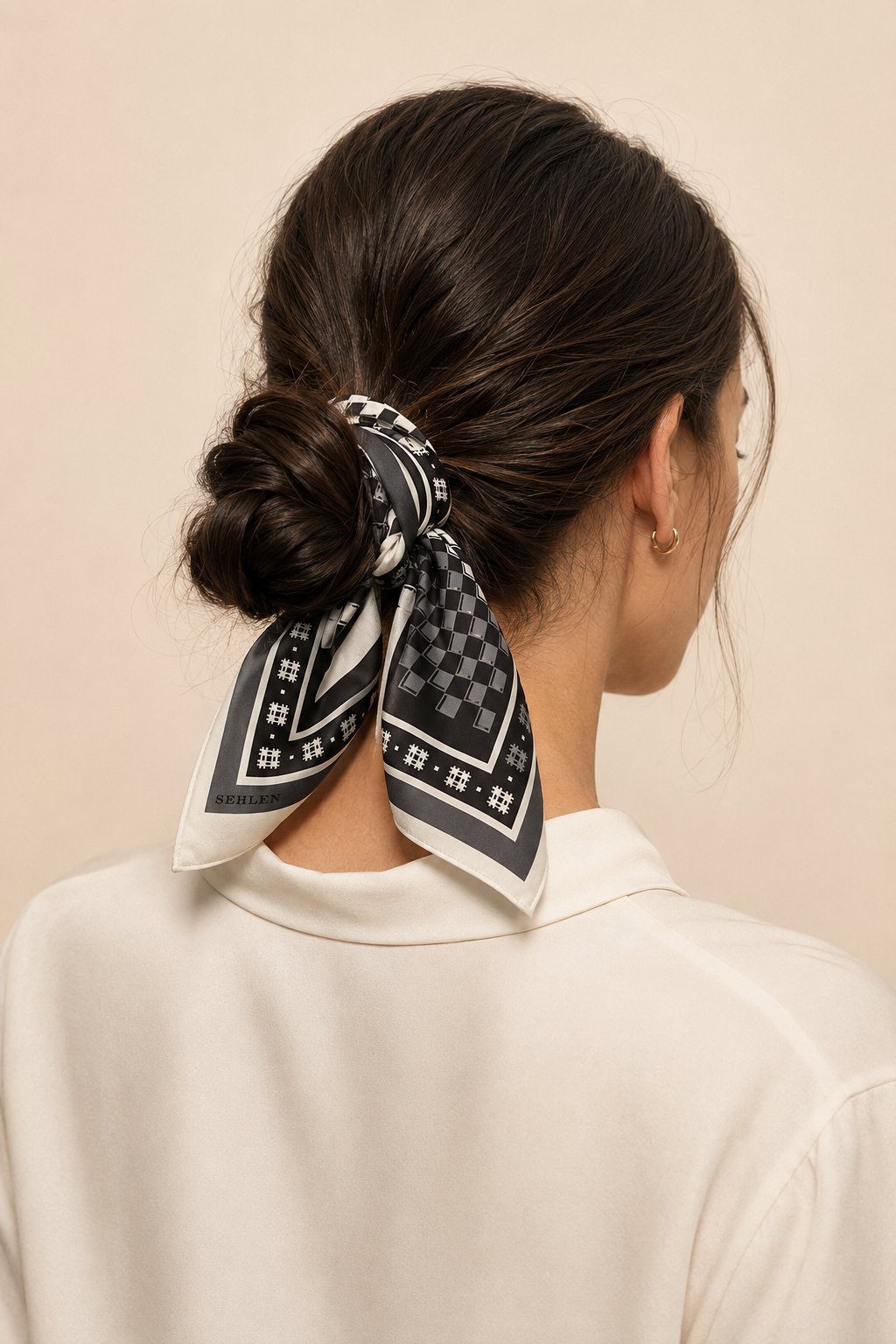 Kadın Dama Desenli Saten Fular Bandana 56x56 cm - Açık Küf Yeşil