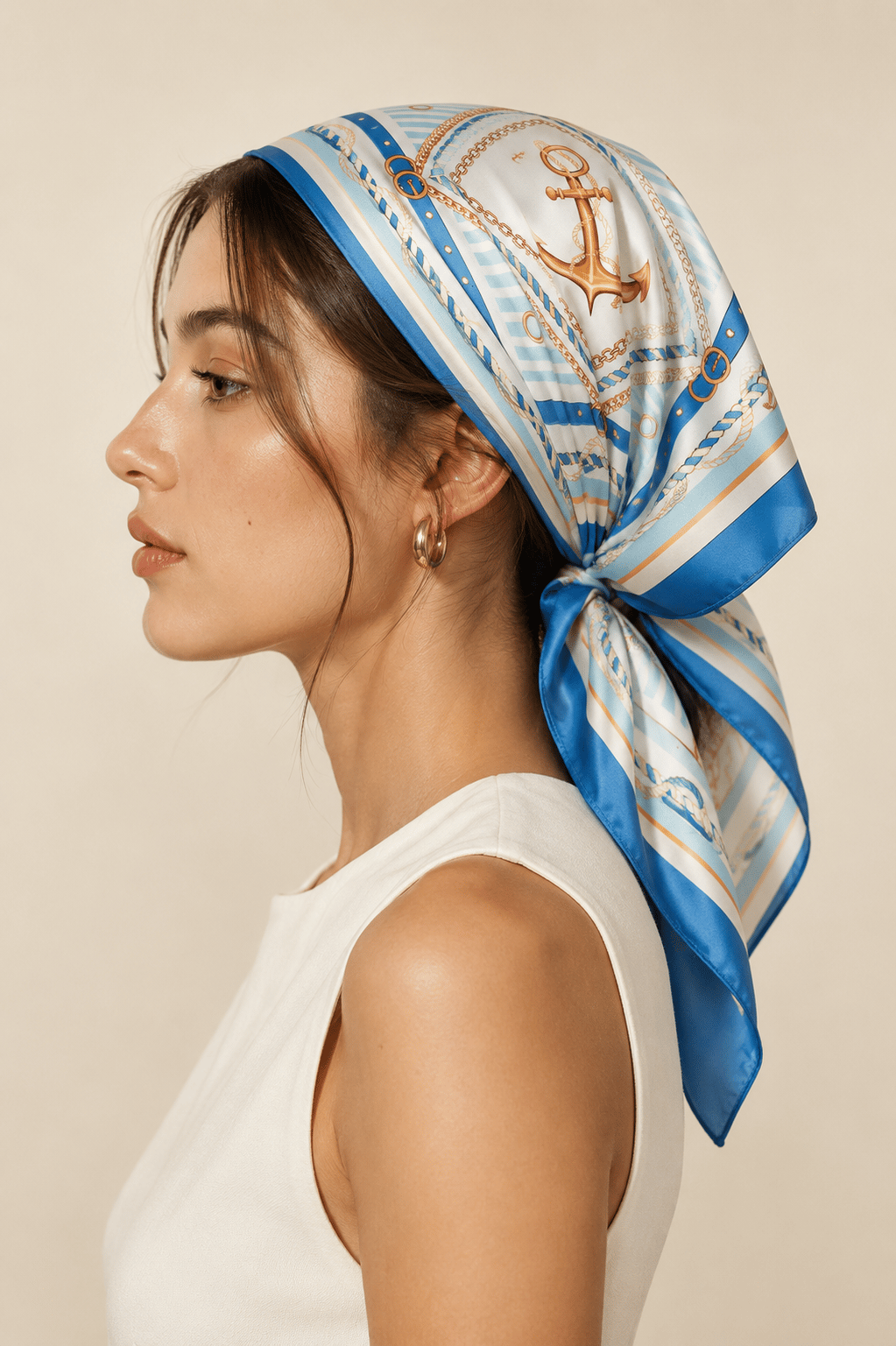Kadın Denizci Çapa Desenli Saten Fular Bandana 56x56 cm - Petrol