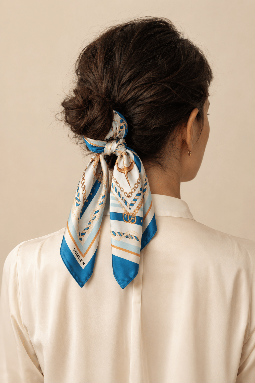 Kadın Denizci Çapa Desenli Saten Fular Bandana 56x56 cm - Petrol