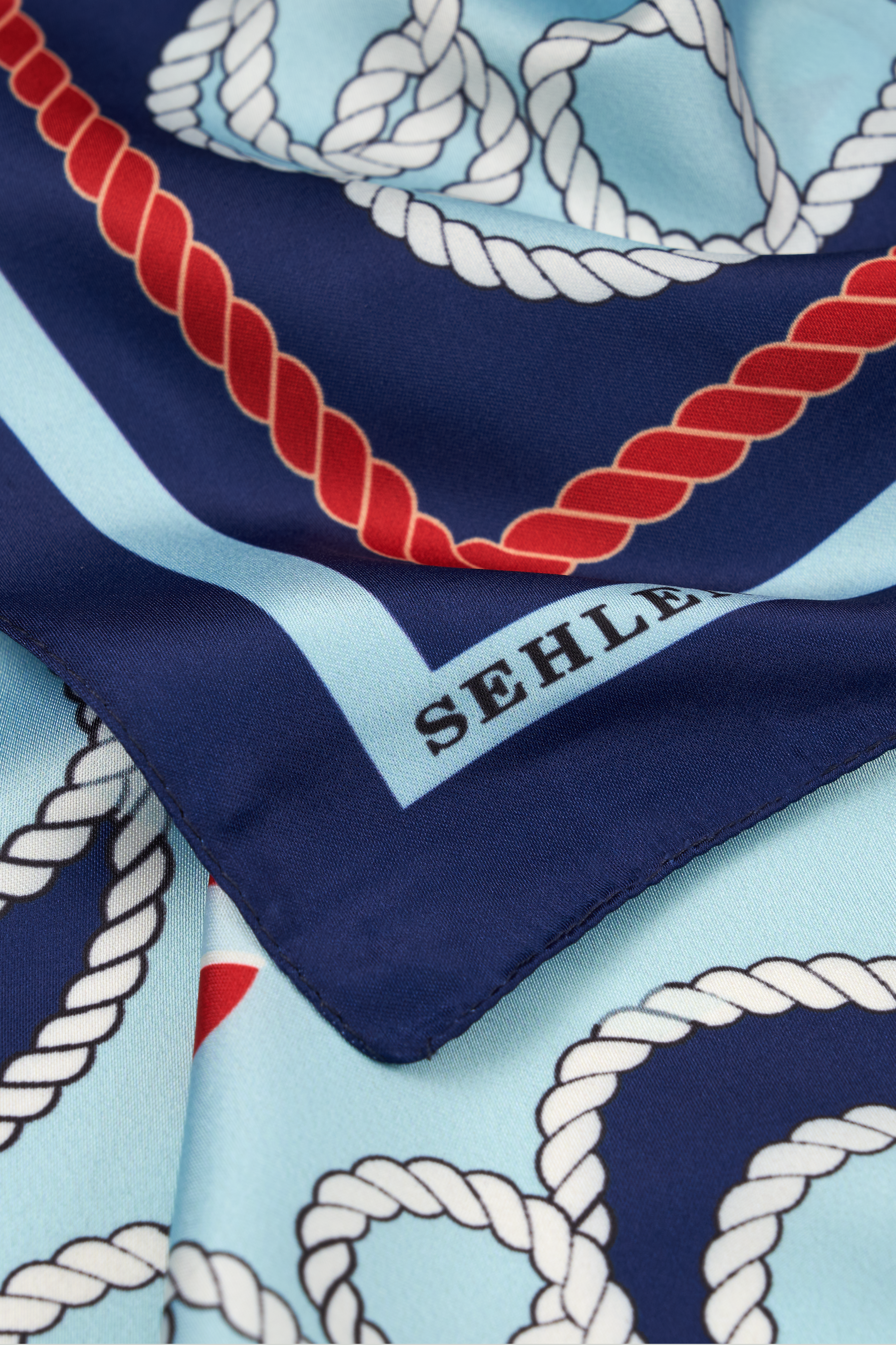 Kadın Denizci Halat Desenli Saten Fular Bandana 56x56 cm - Lacivert Mint