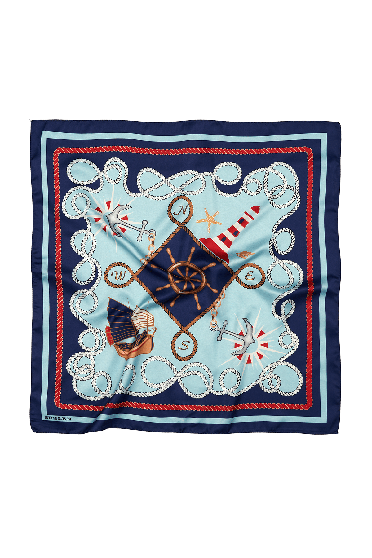 Kadın Denizci Halat Desenli Saten Fular Bandana 56x56 cm - Lacivert Mint