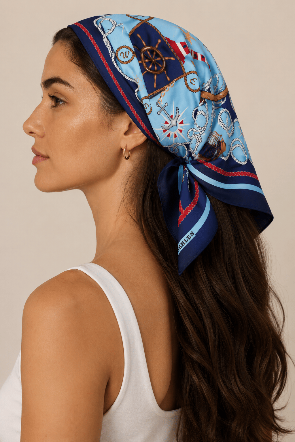 Kadın Denizci Halat Desenli Saten Fular Bandana 56x56 cm - Lacivert Mint
