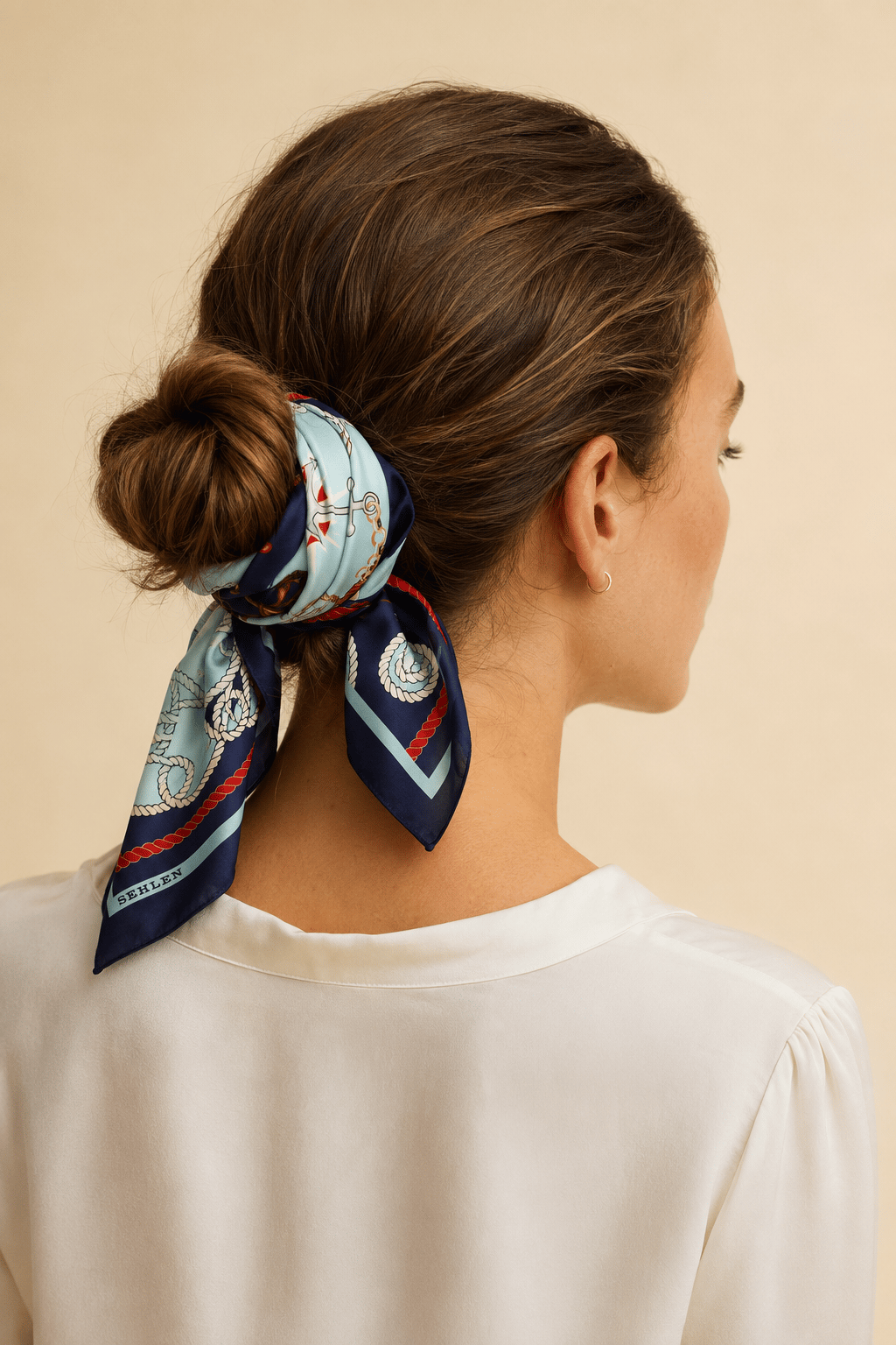 Kadın Denizci Halat Desenli Saten Fular Bandana 56x56 cm - Lacivert Mint