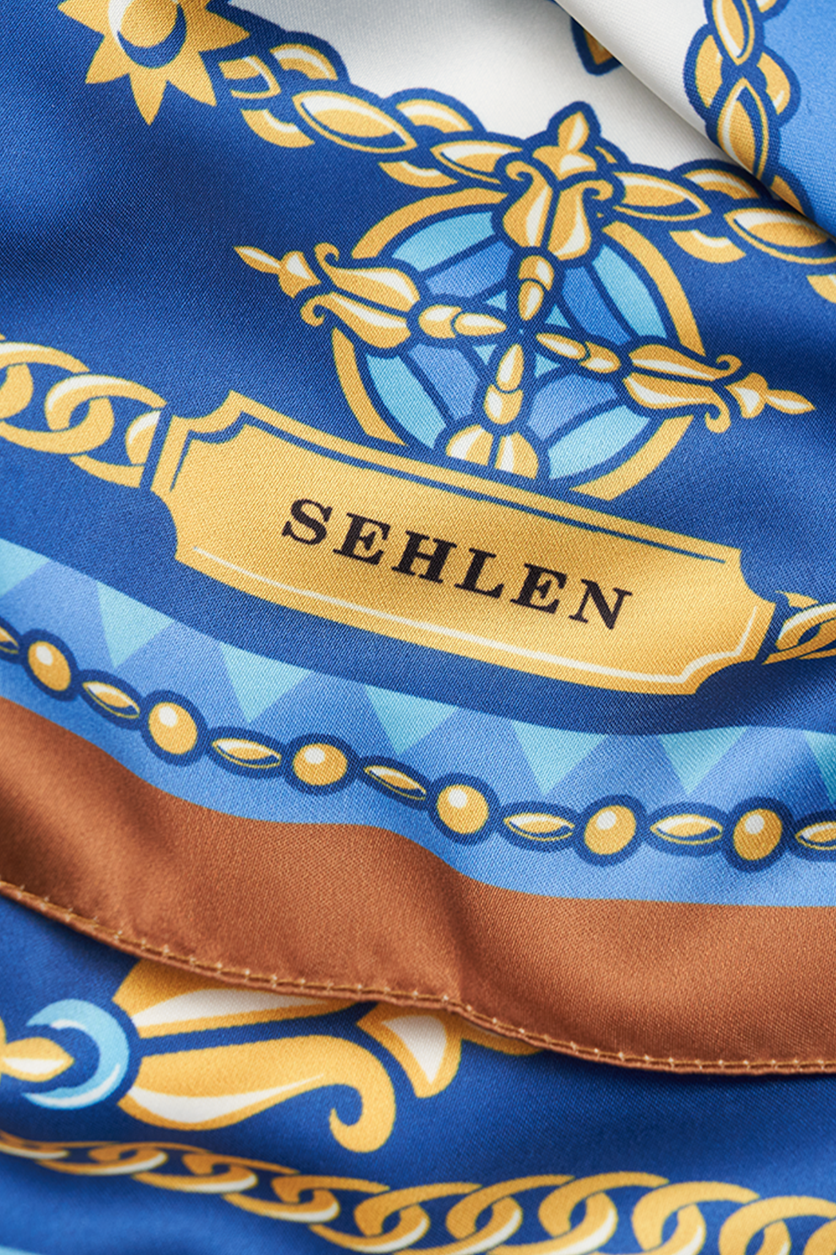 Kadın Denizci Pusula Desenli Saten Fular Bandana 56x56 cm - Kahve Sax