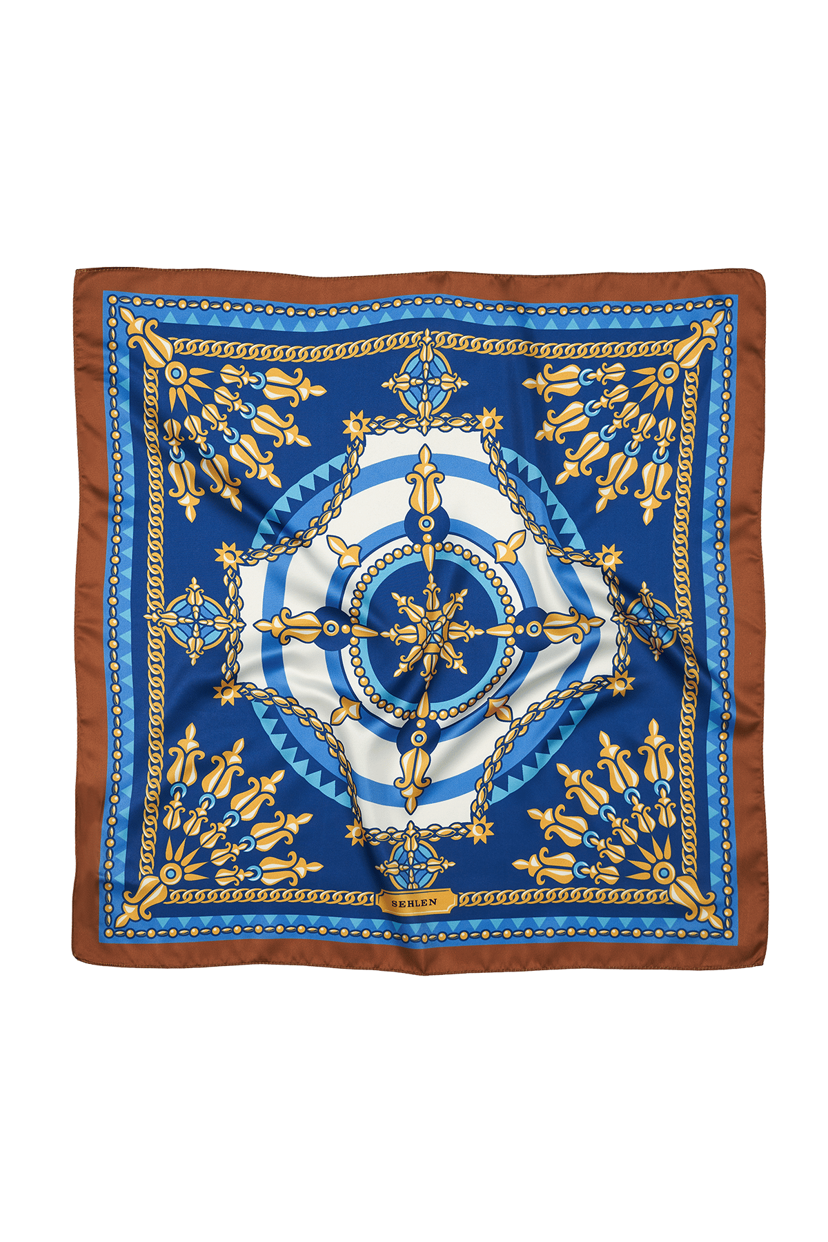 Kadın Denizci Pusula Desenli Saten Fular Bandana 56x56 cm - Kahve Sax