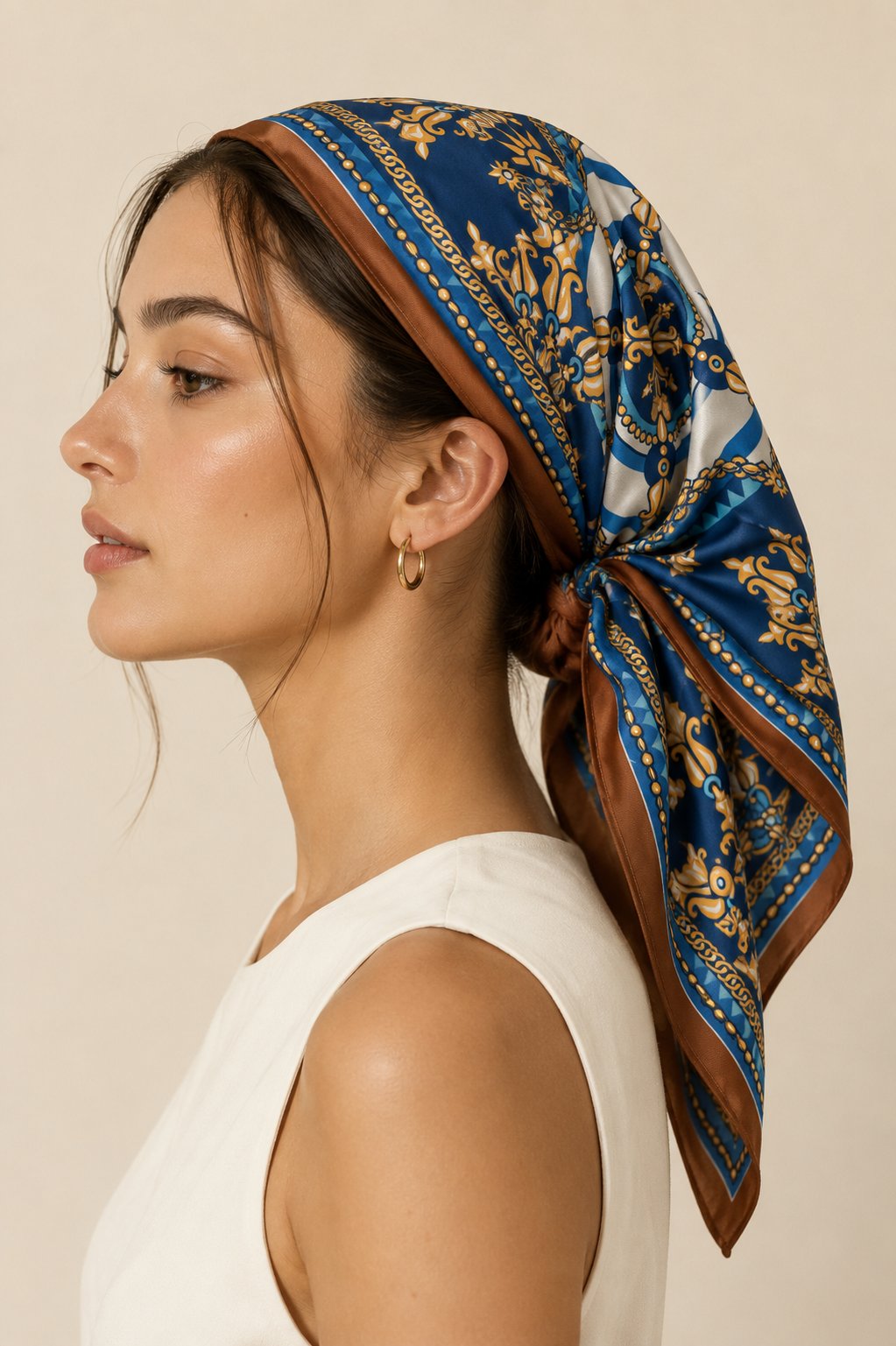 Kadın Denizci Pusula Desenli Saten Fular Bandana 56x56 cm - Kahve Sax
