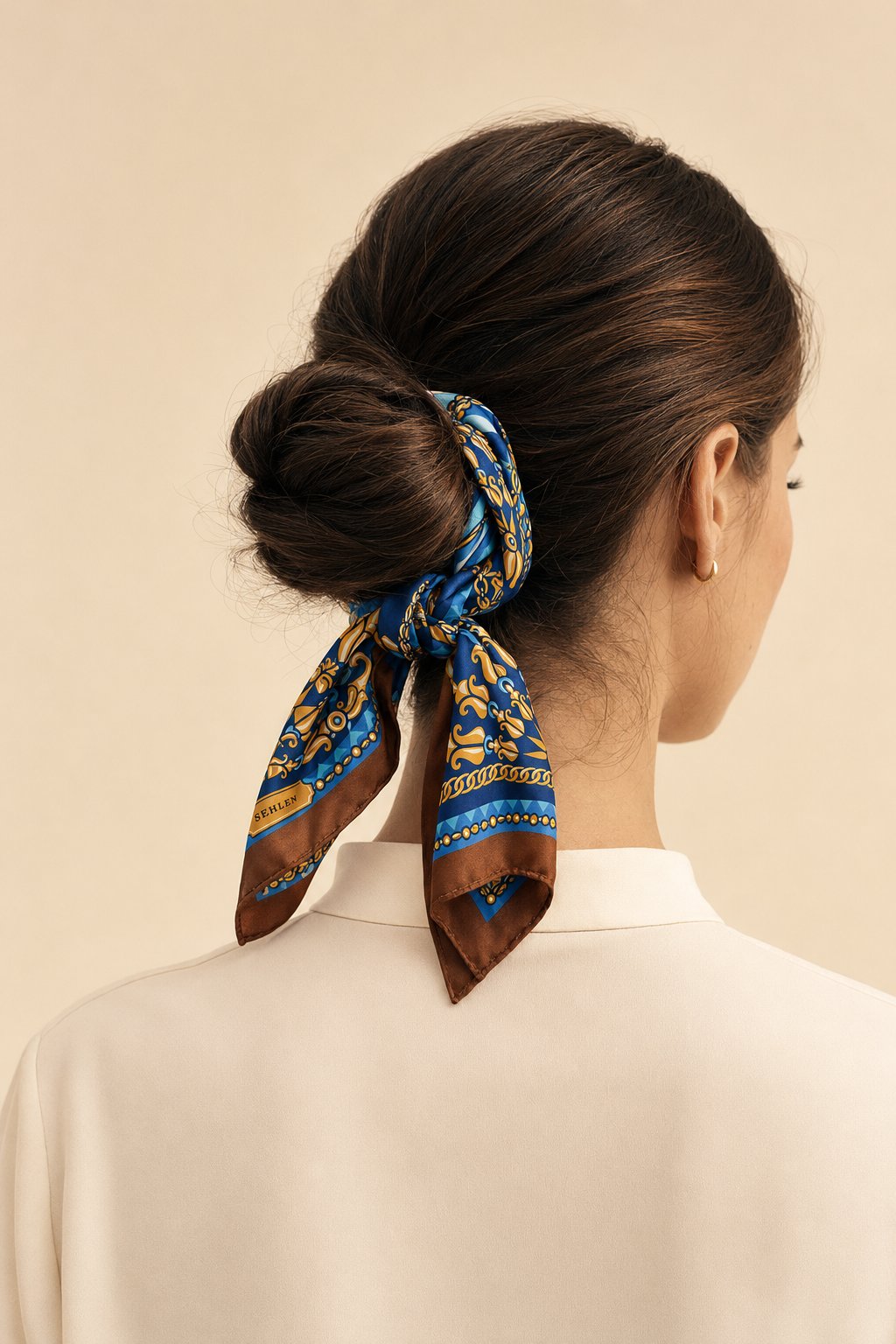 Kadın Denizci Pusula Desenli Saten Fular Bandana 56x56 cm - Kahve Sax
